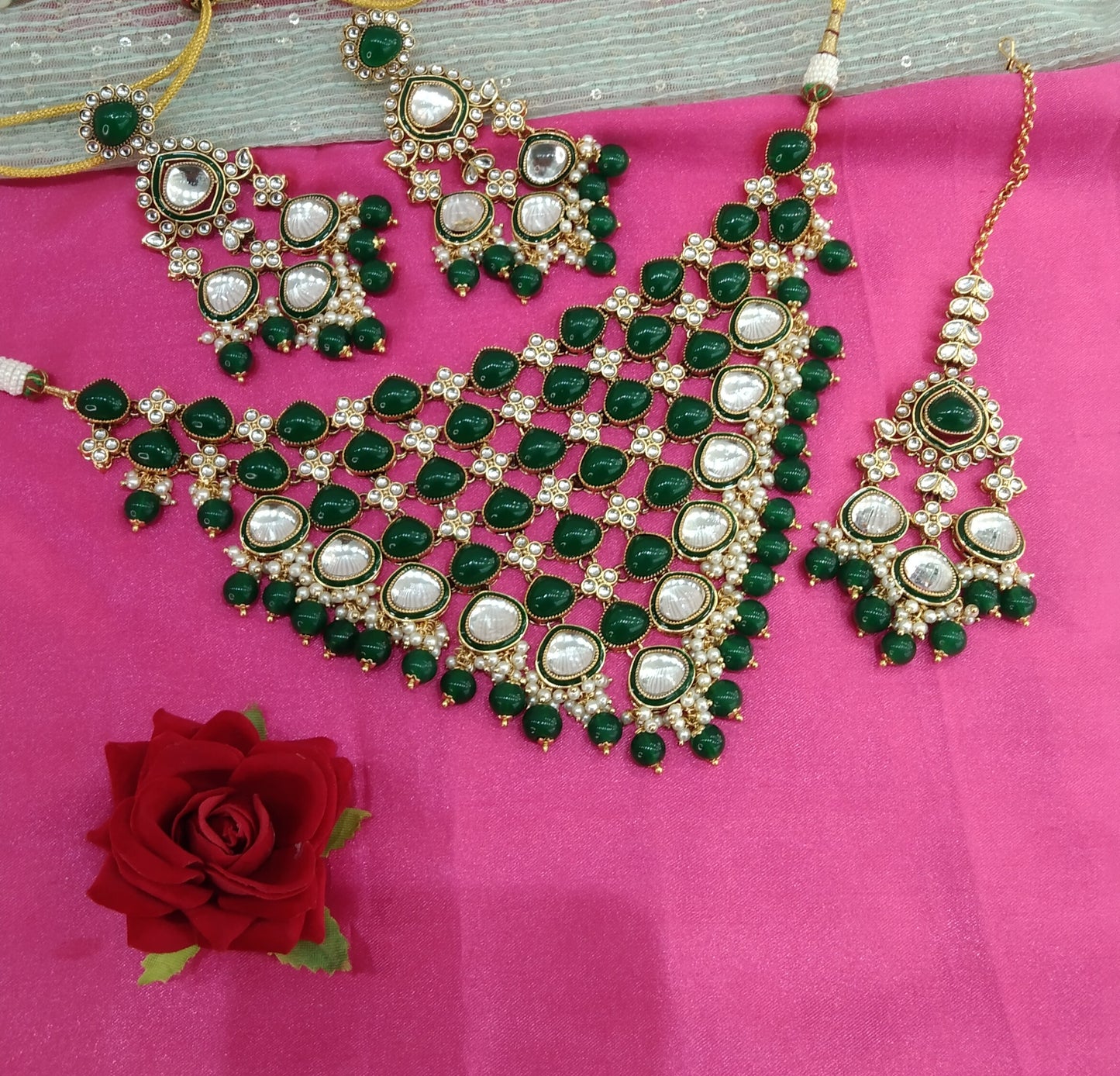 Green Kundan Necklace Indian Jewelry Land Set