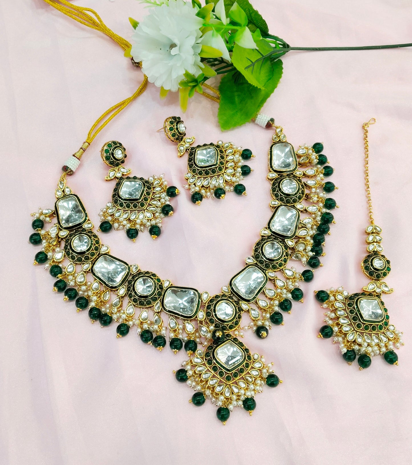Green Kundan Necklace Indian Jewelry Letter Set