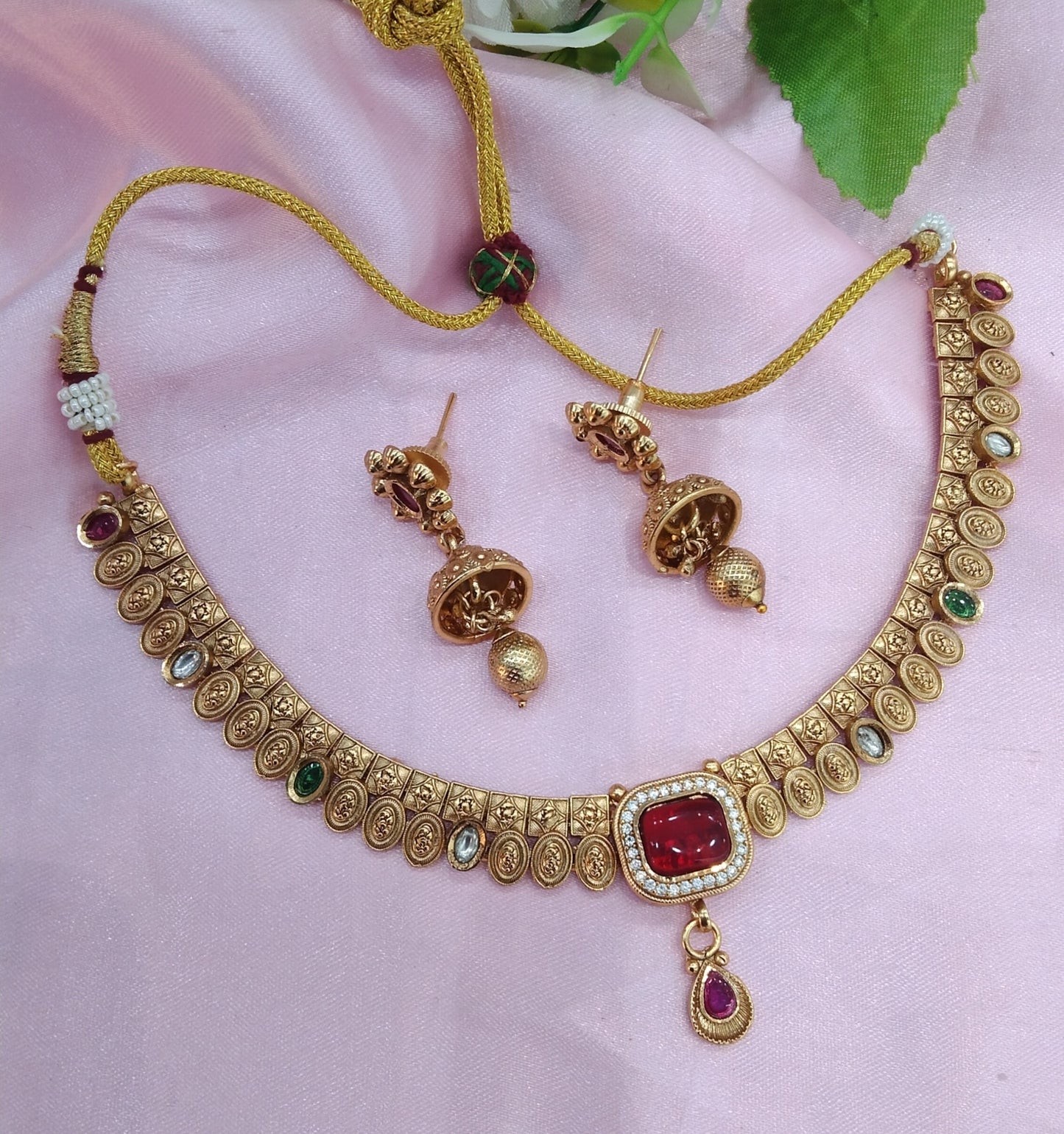 Ruby Green Gold Polki Jhumki Necklace Indian Jewellery Delta Set