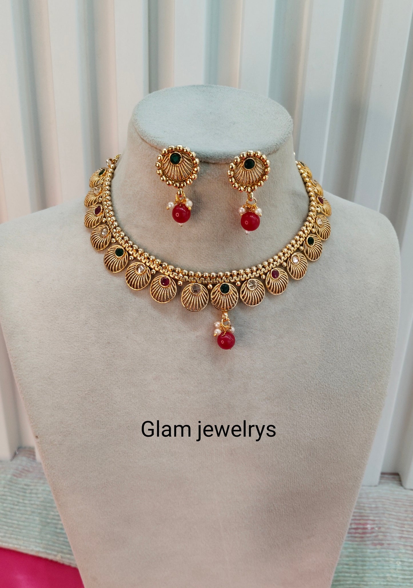 Ruby Green Gold Polki Necklace Indian Jewellery Studio Set