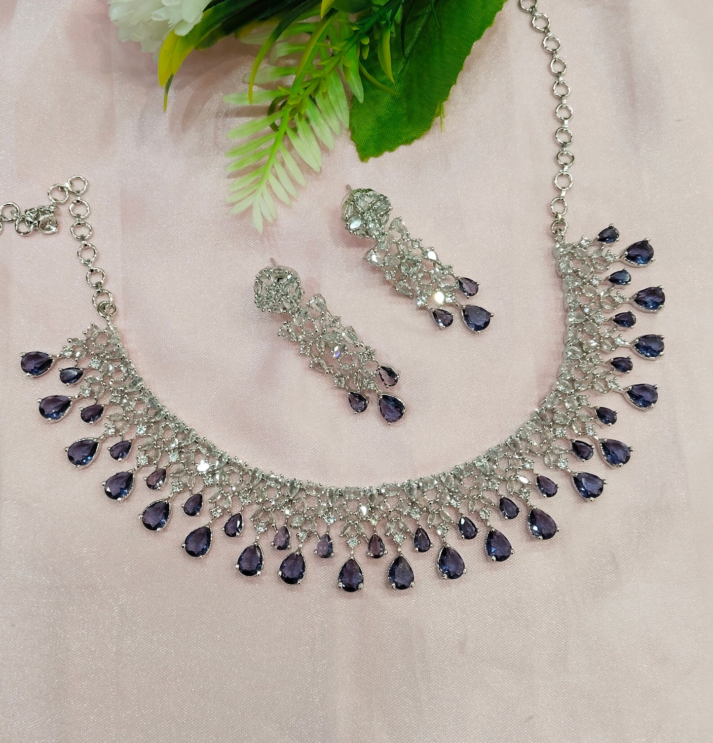 Light Purple CZ Silver Necklace Indian Jewellery Auj Set