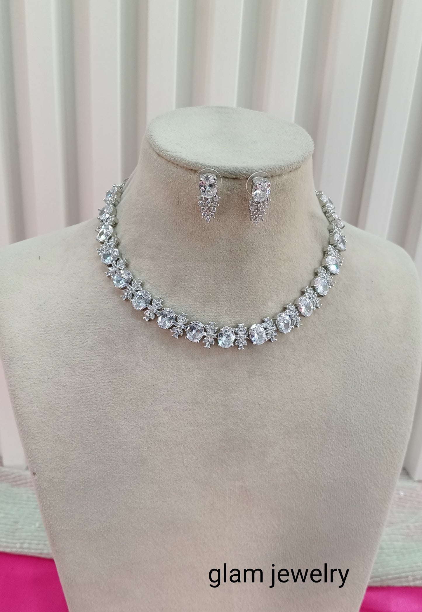 Silver Clear American Diamond CZ Necklace Aujla Set