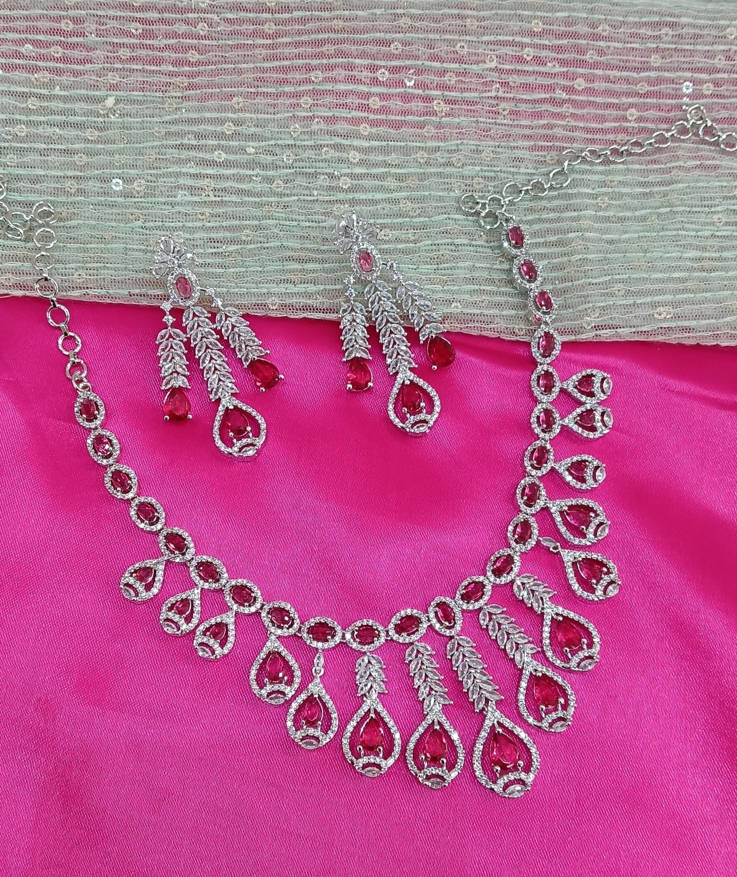 Silver Ruby American Diamond CZ Necklace Micki Set