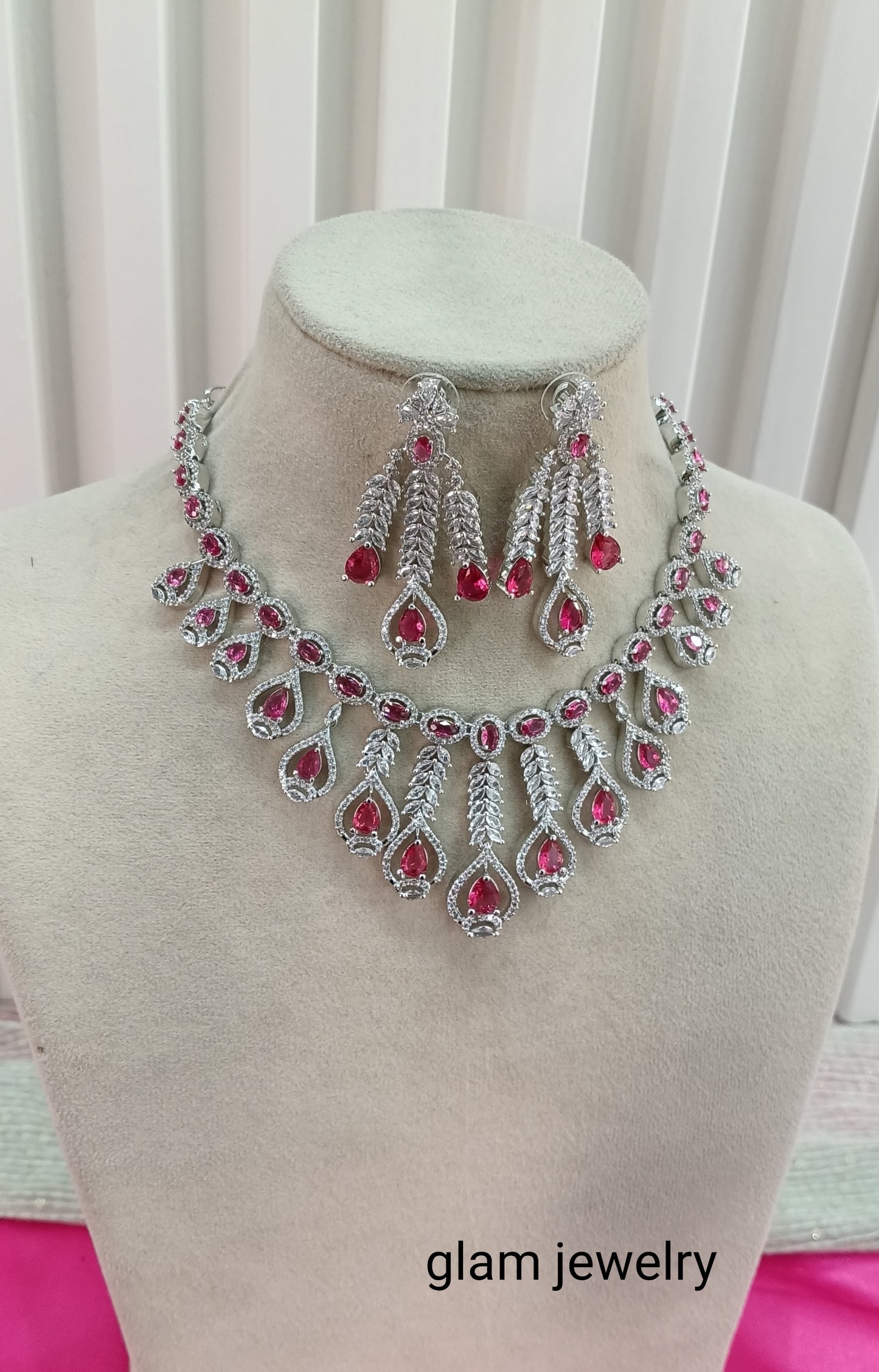 Silver Ruby American Diamond CZ Necklace Micki Set