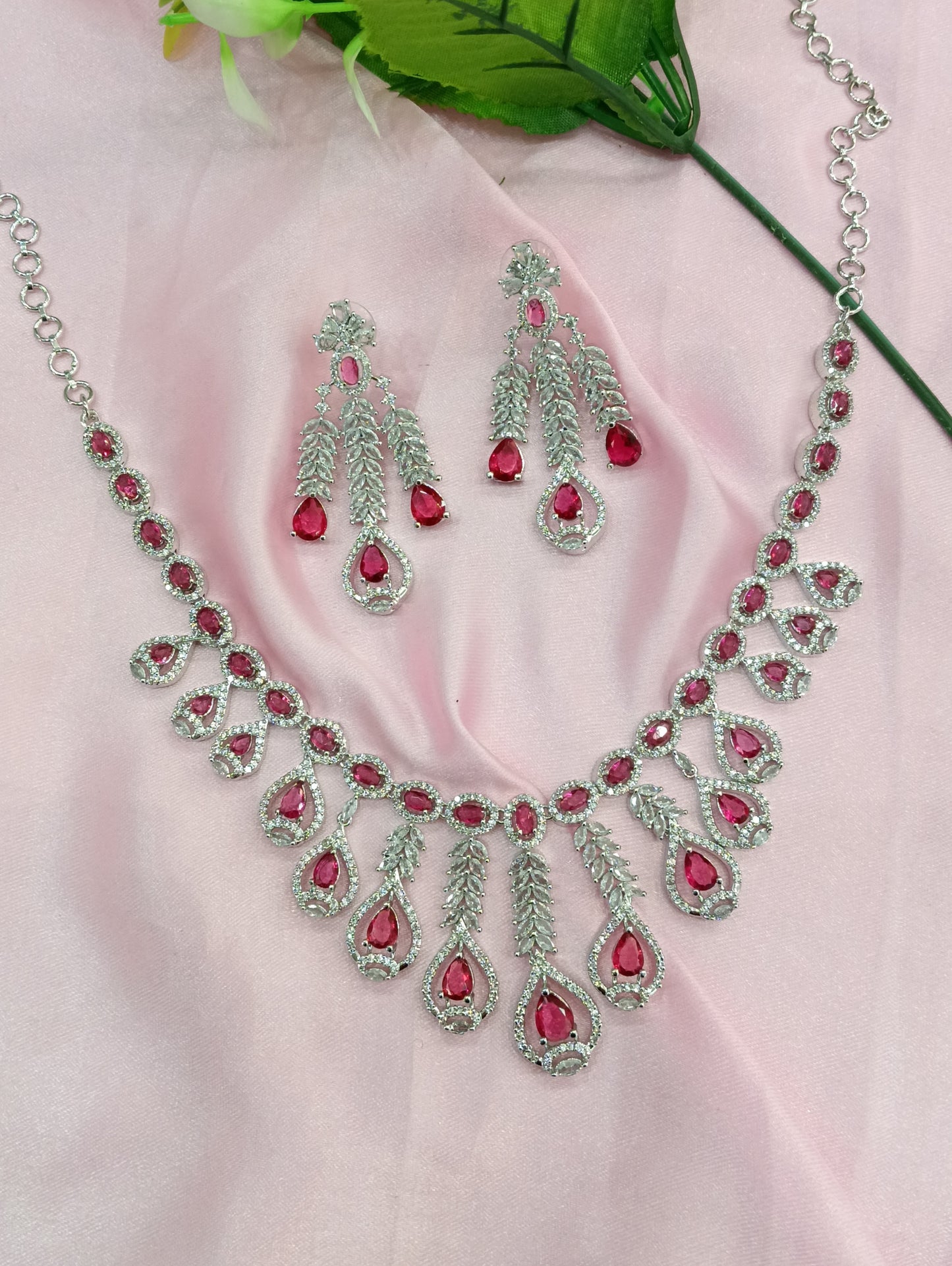 Silver Ruby American Diamond CZ Necklace Micki Set