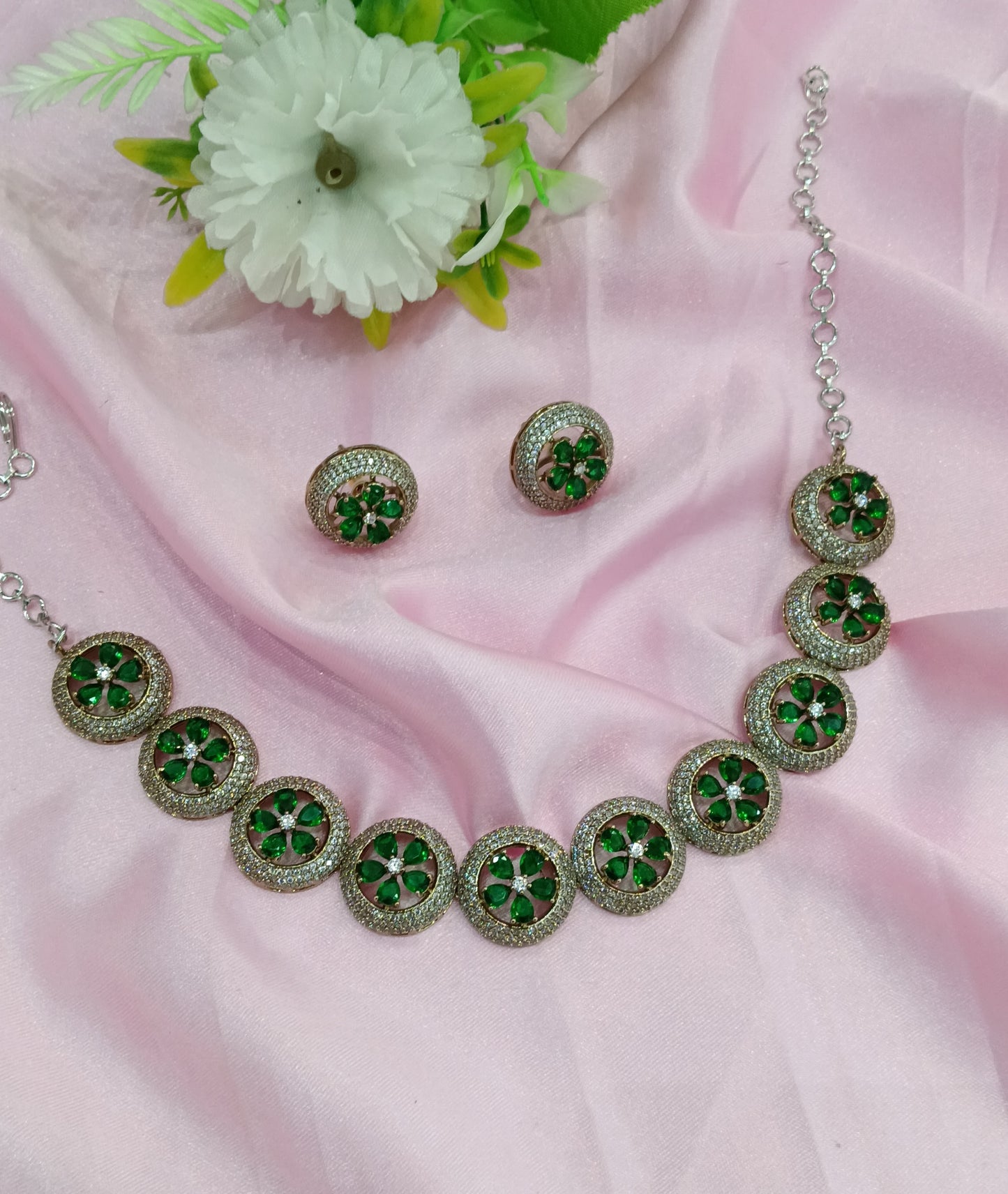 Victorian Green American Diamond CZ Necklace City Set