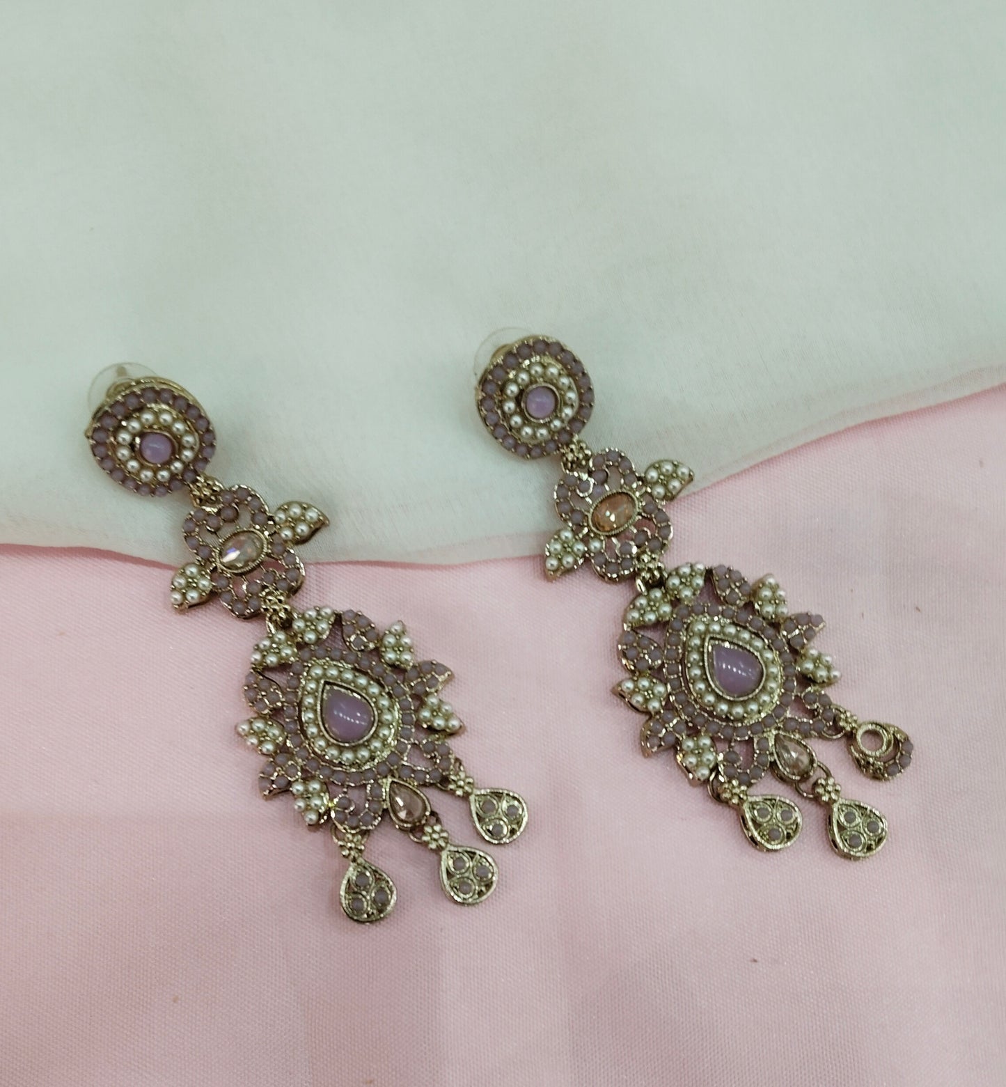 Lavender Antique Gold Bollywood Indian Earrings Nahar Set