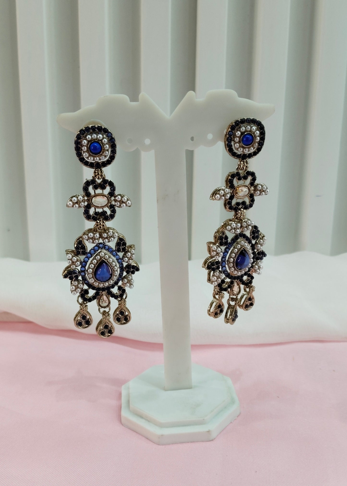 Blue Antique Gold Bollywood Indian Earrings Nahar Set