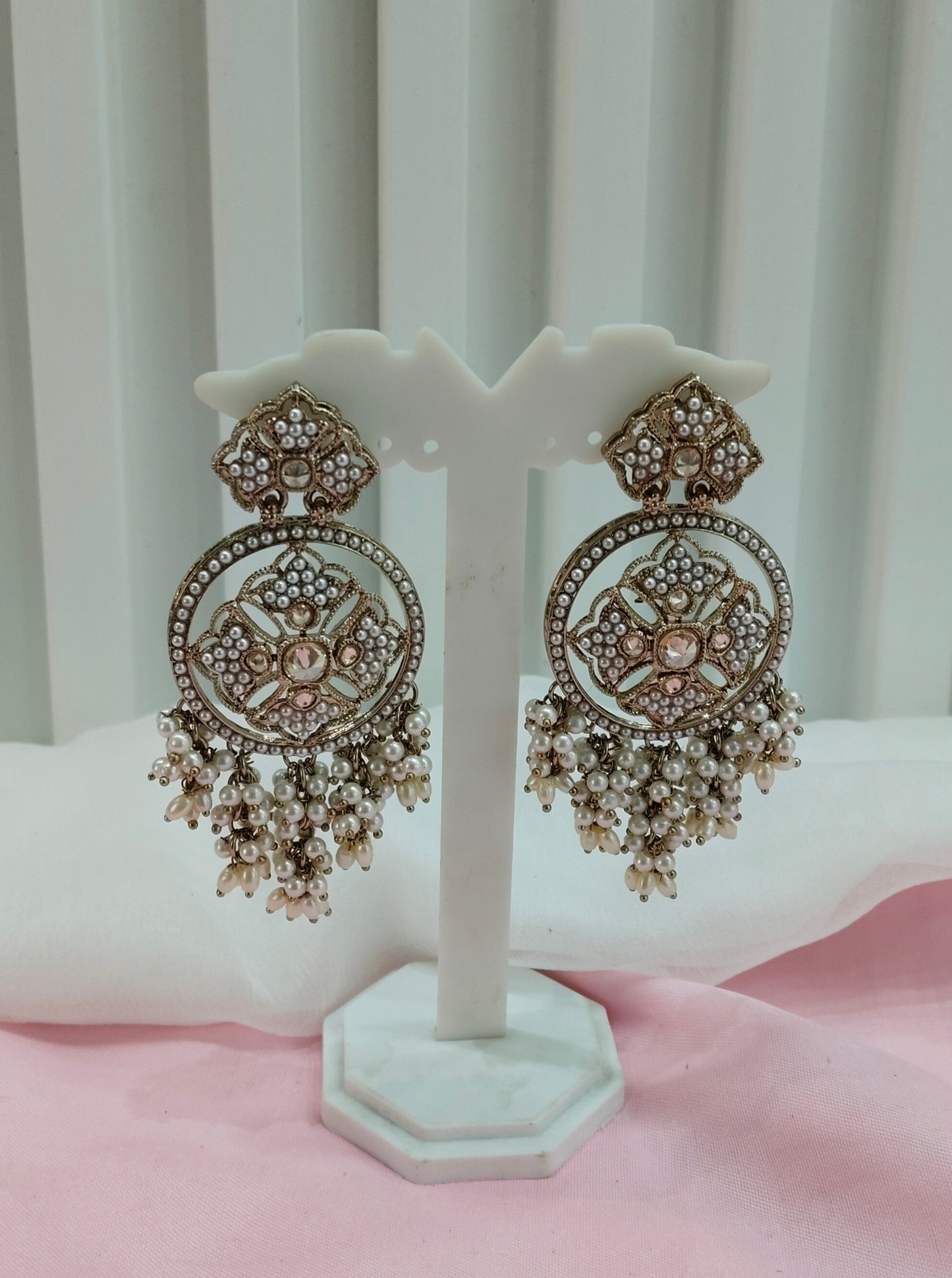 White Gold Champagne Stone Bollywood Indian Earrings Tokyo Set