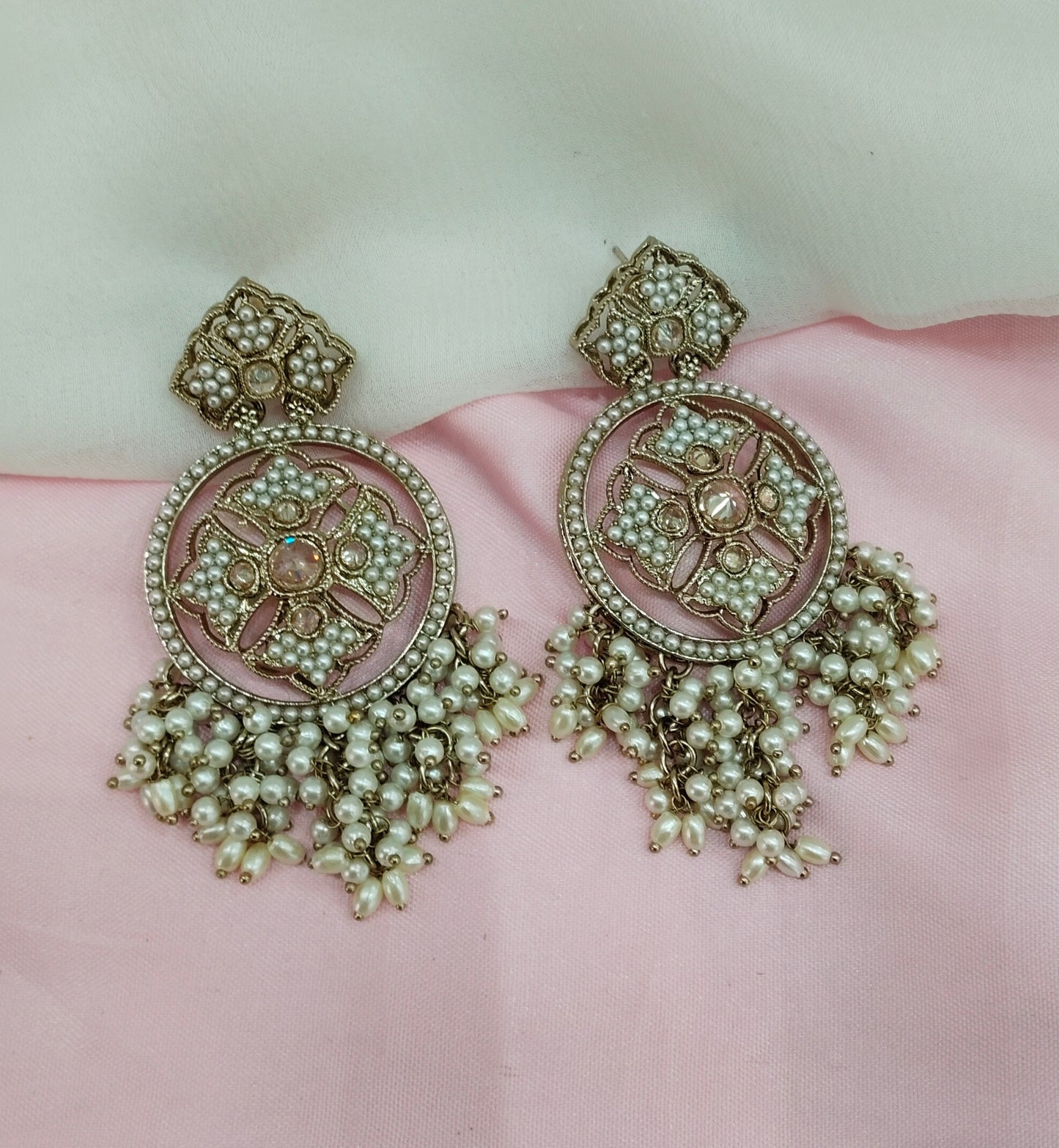White Gold Champagne Stone Bollywood Indian Earrings Tokyo Set