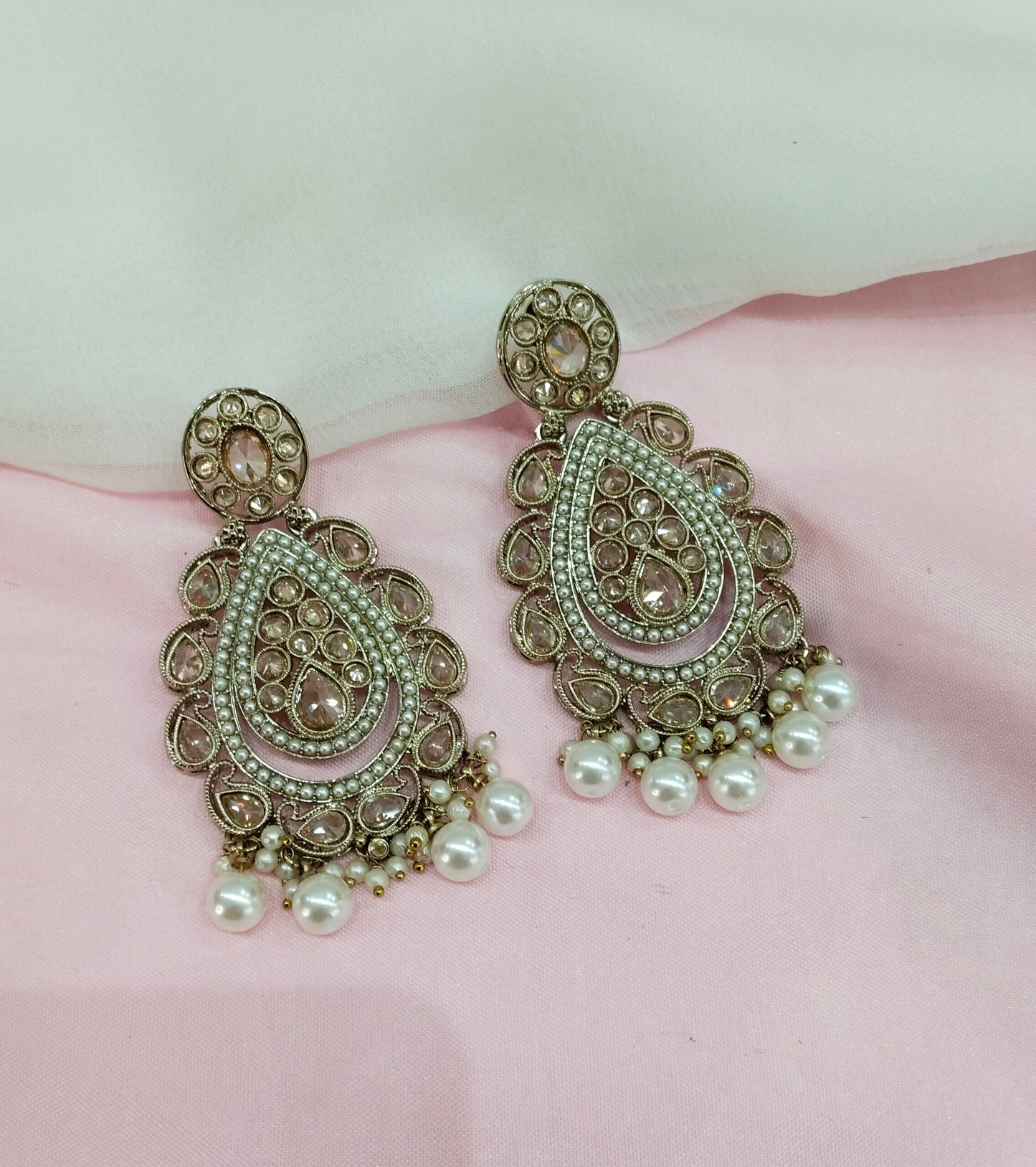 White Gold Champagne Stone Bollywood Indian Earrings Tokyo Set