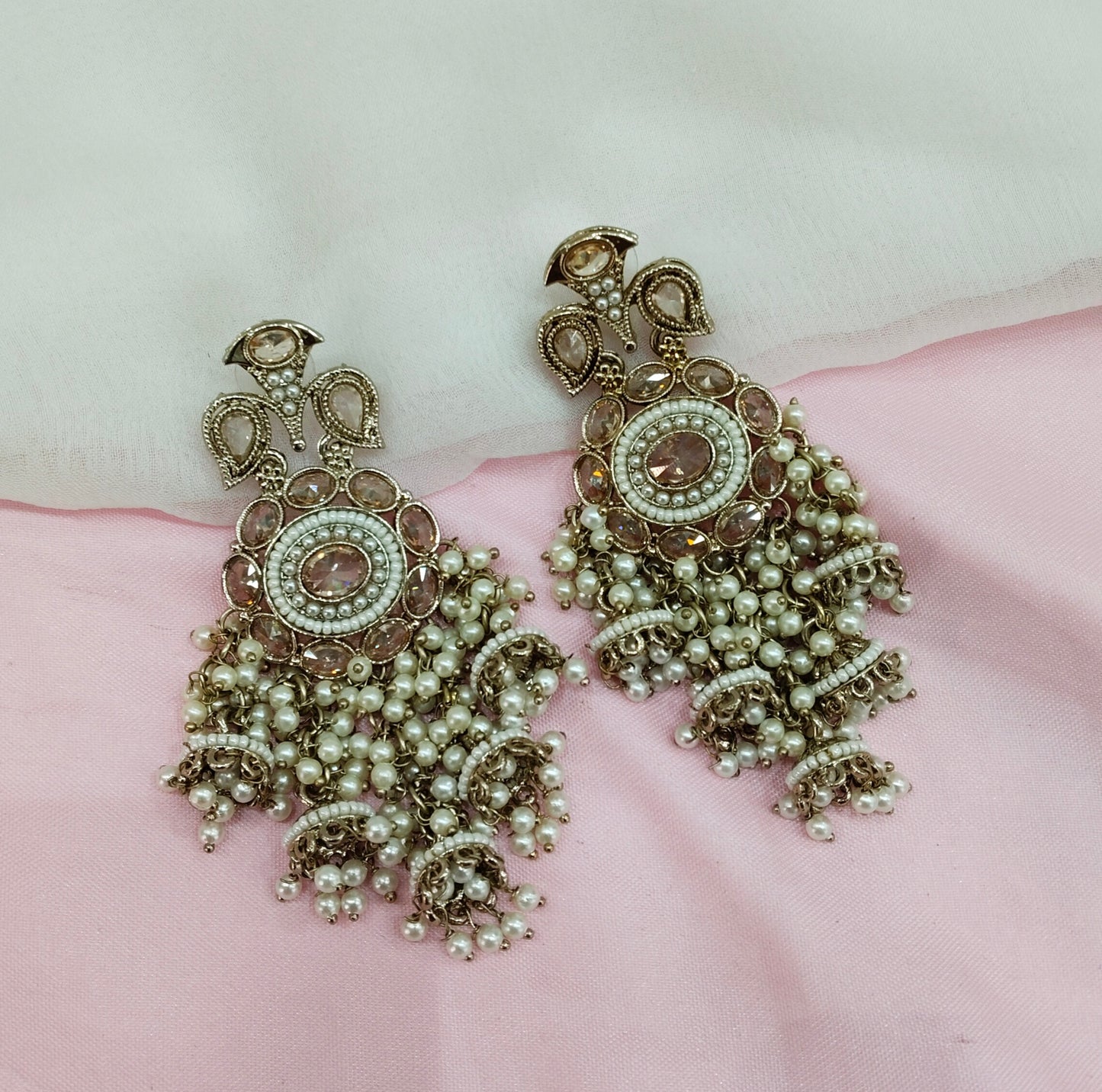 White Gold Champagne Stone Bollywood Indian Earrings Tokyo Set