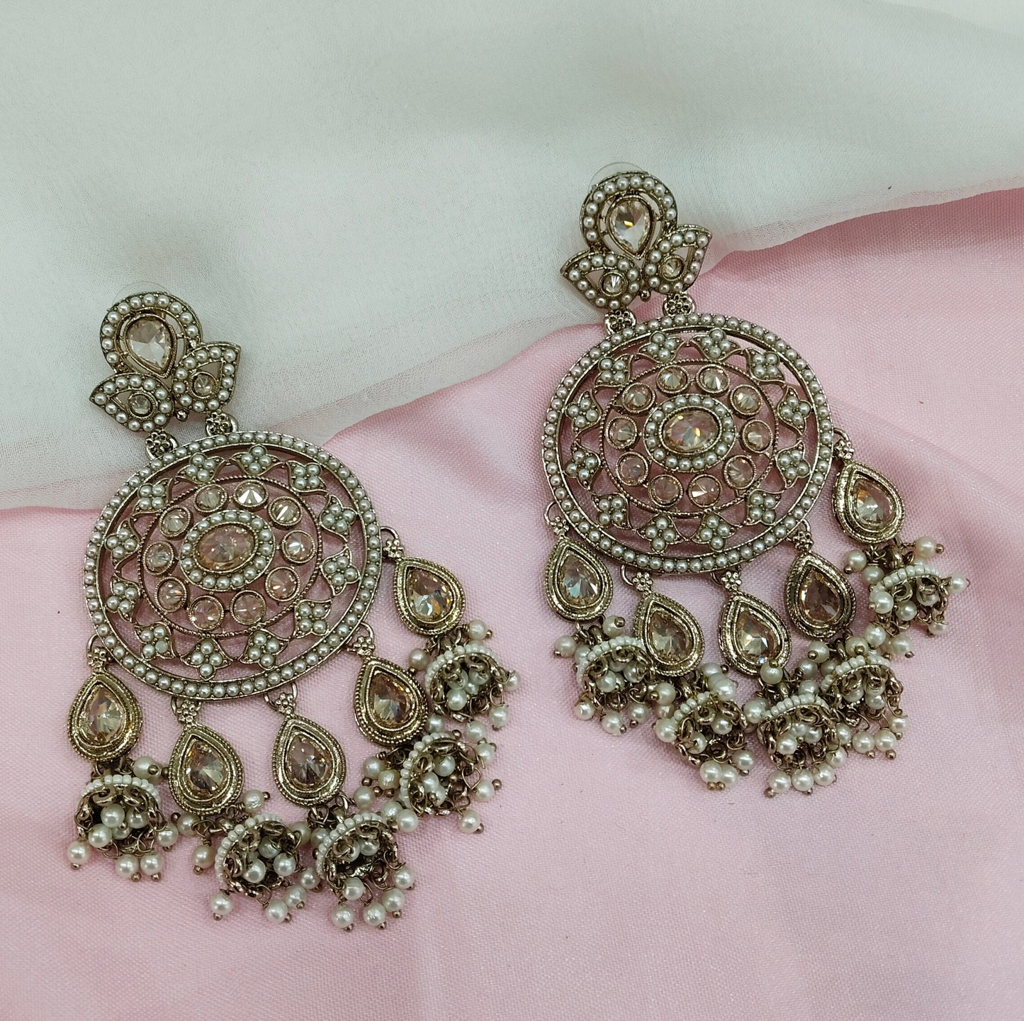 White Gold Champagne Stone Bollywood Indian Earrings Tokyo Set