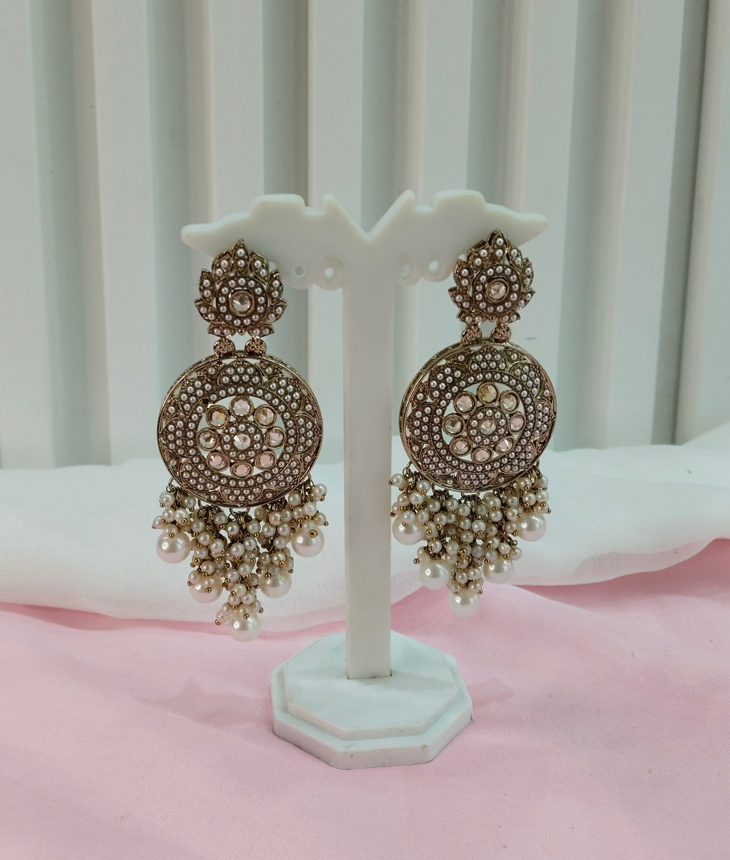 White Gold Champagne Stone Bollywood Indian Earrings Tokyo Set