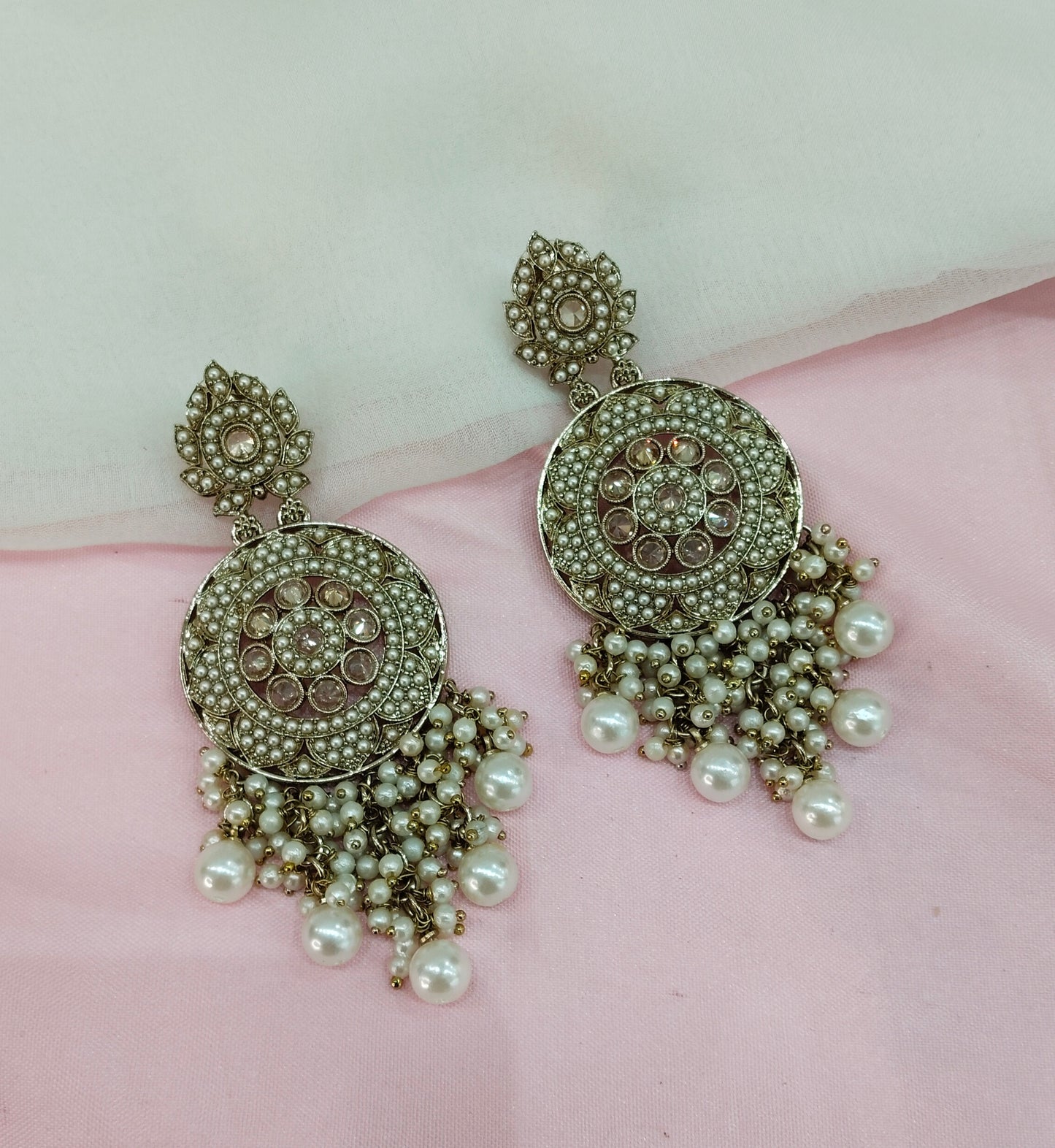 White Gold Champagne Stone Bollywood Indian Earrings Tokyo Set