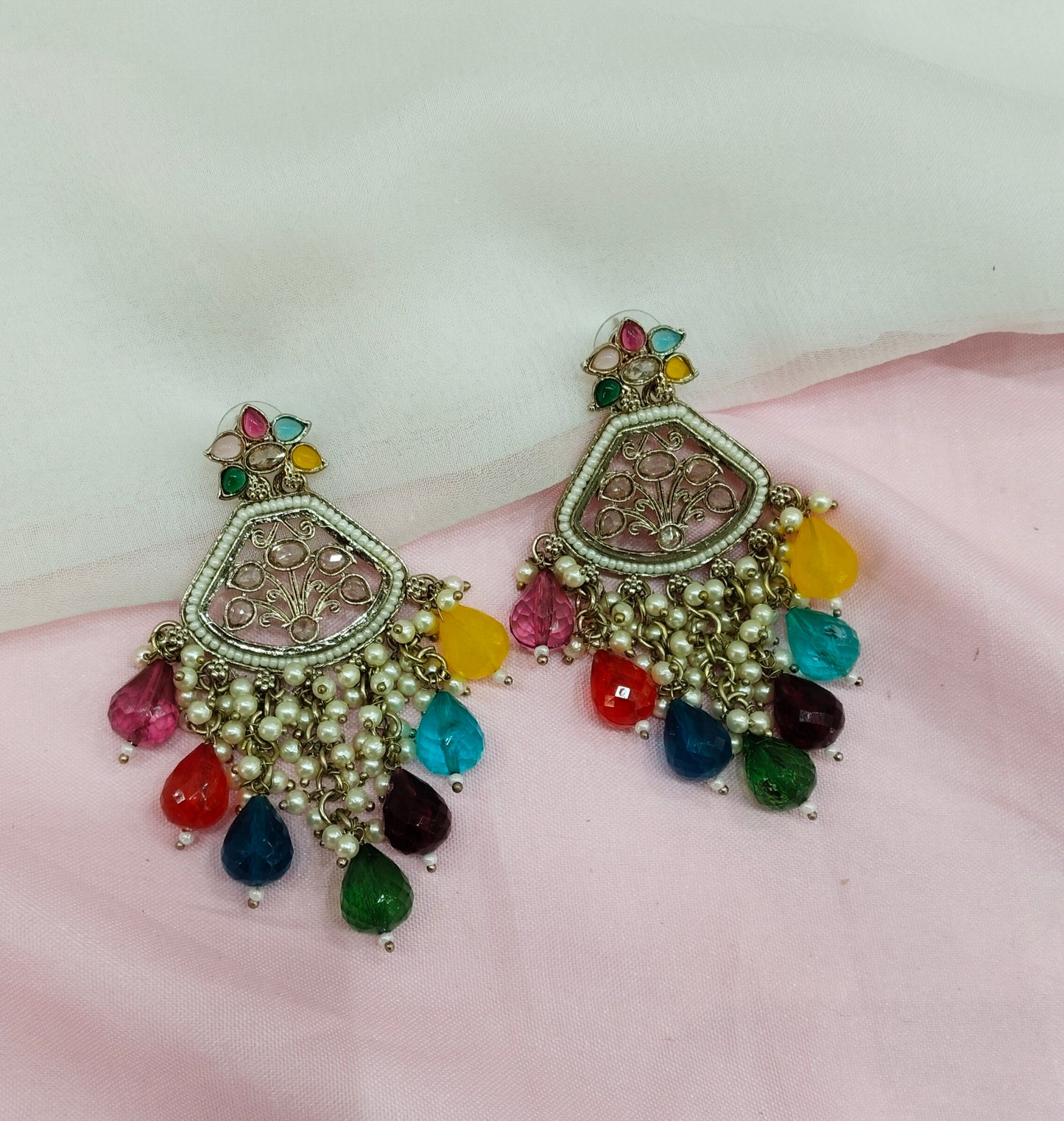 Multi Color Gold Champagne Stone Bollywood Indian Earrings Tokyo Set