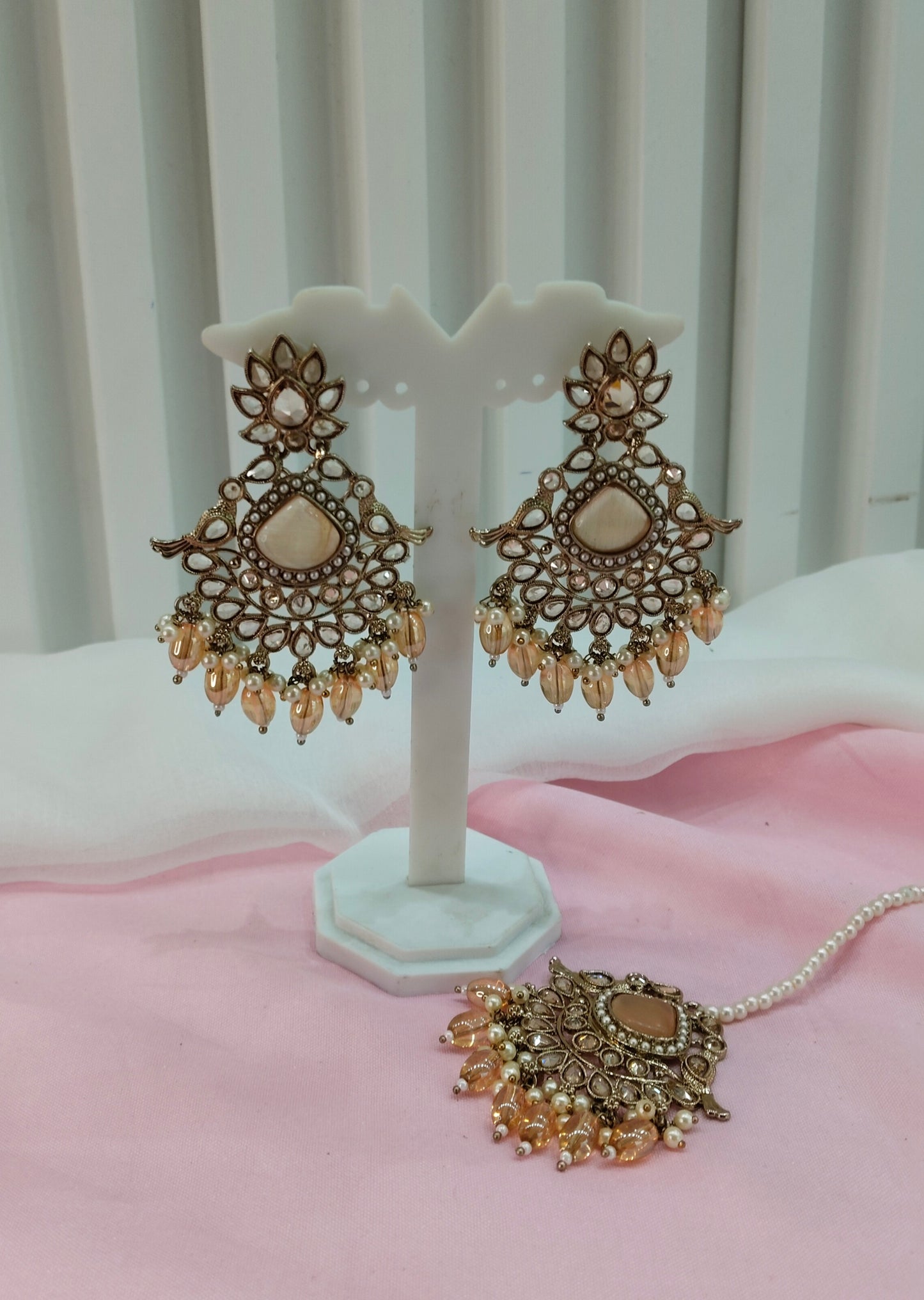 Peach Gold Champagne Stone Bollywood Indian Earrings Rio Tikka Set