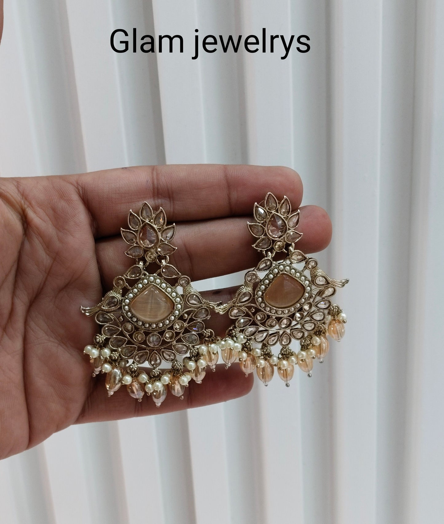 Peach Gold Champagne Stone Bollywood Indian Earrings Rio Tikka Set