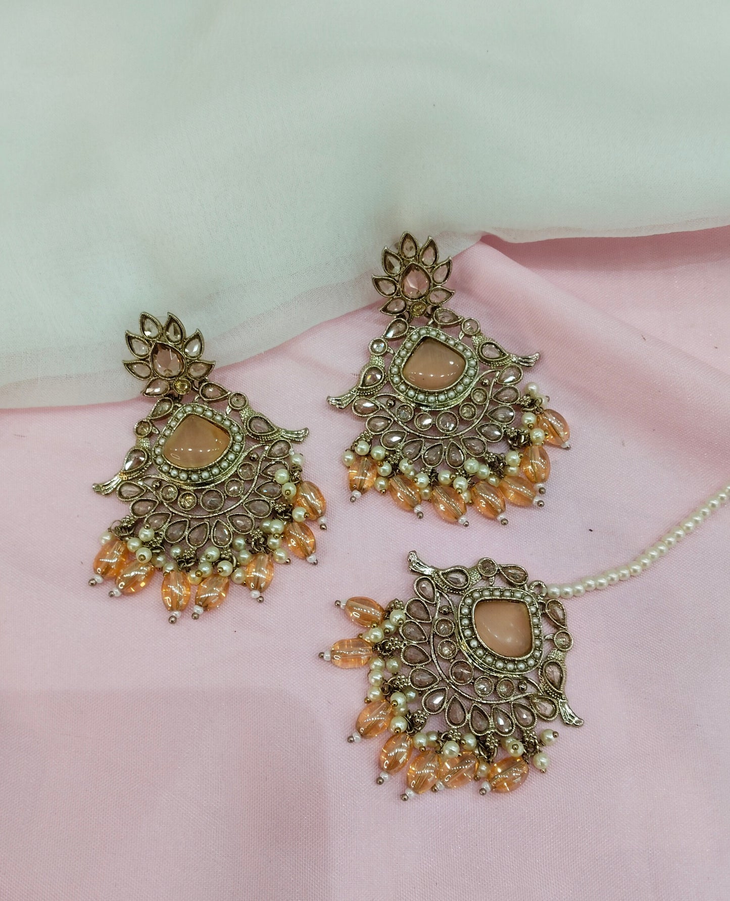 Peach Gold Champagne Stone Bollywood Indian Earrings Rio Tikka Set
