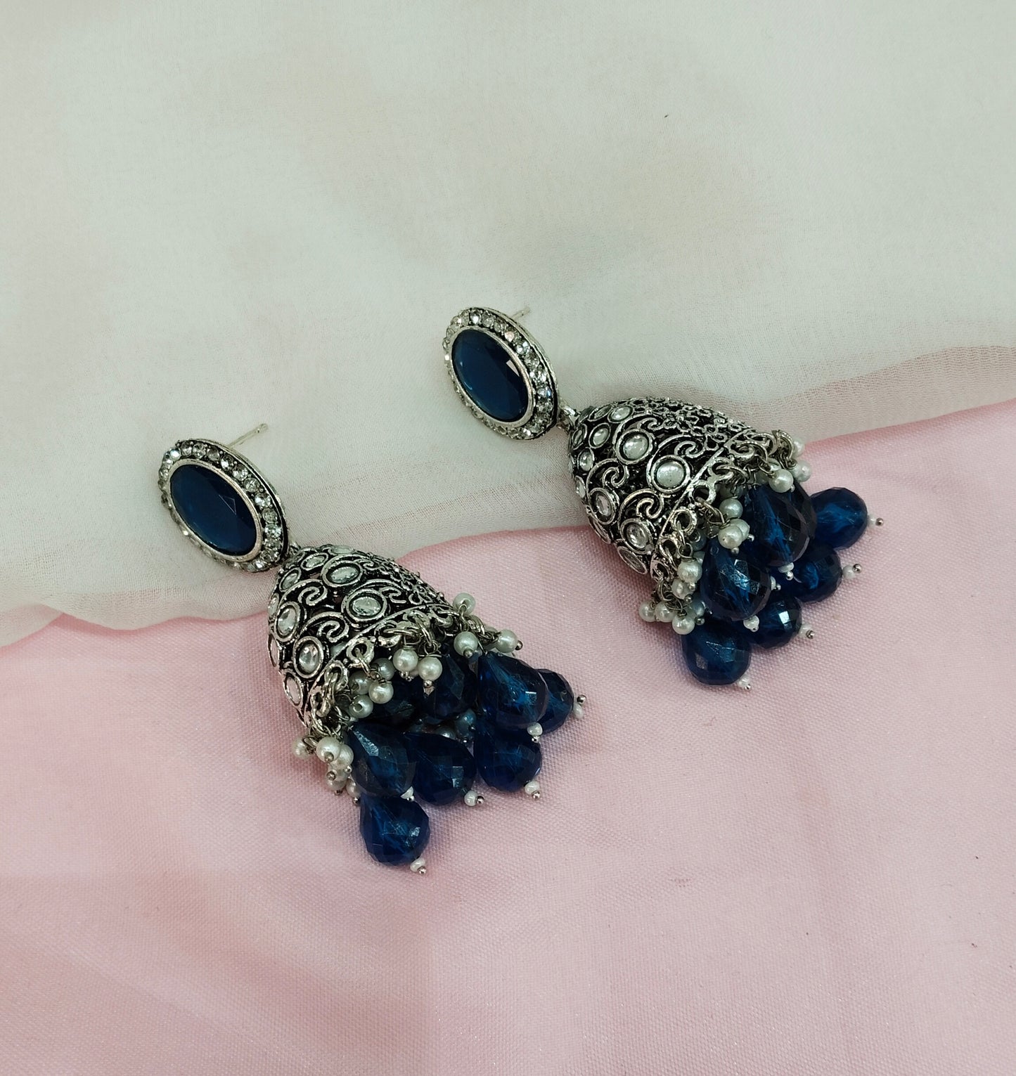 Blue Oxidized Metal Denber Indian Jhumka Earrings Set