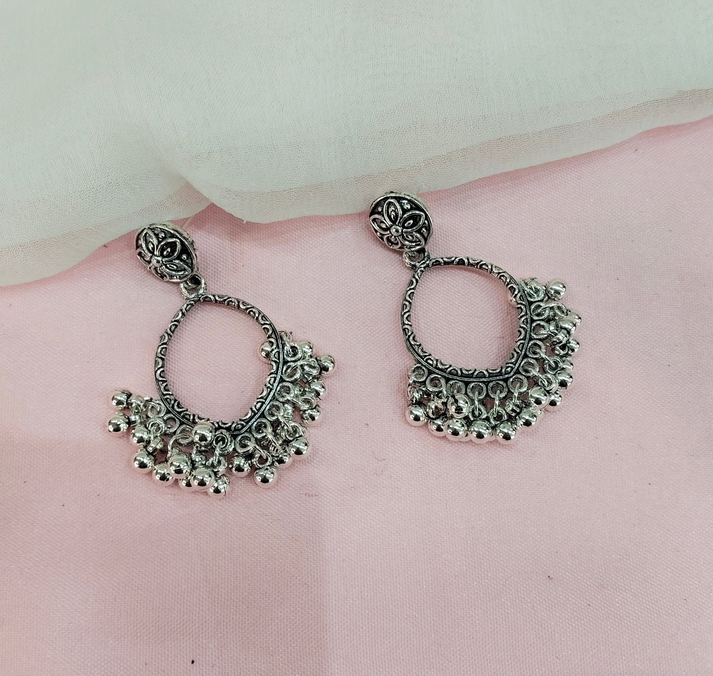 Antique Silver Oxidized Metal Professor Indian Earrings Set