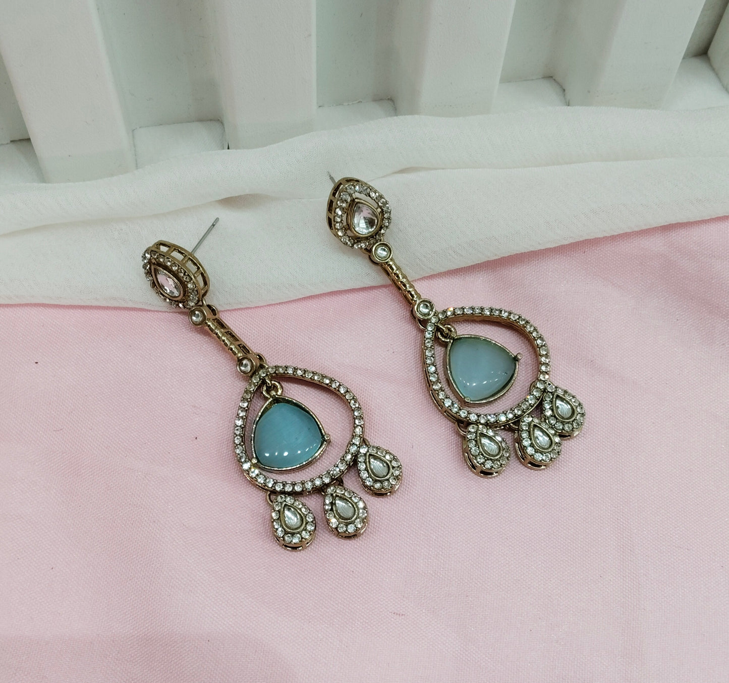 Sky Blue Antique Gold Omna Indian Earrings Set
