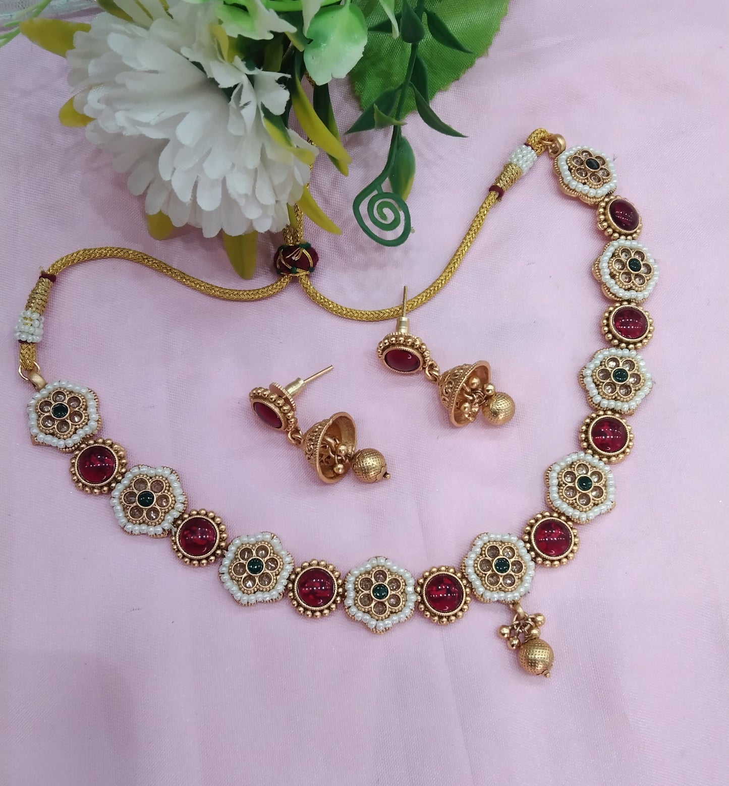 Ruby Green Gold Polki Necklace Indian Jewellery Hanita Set