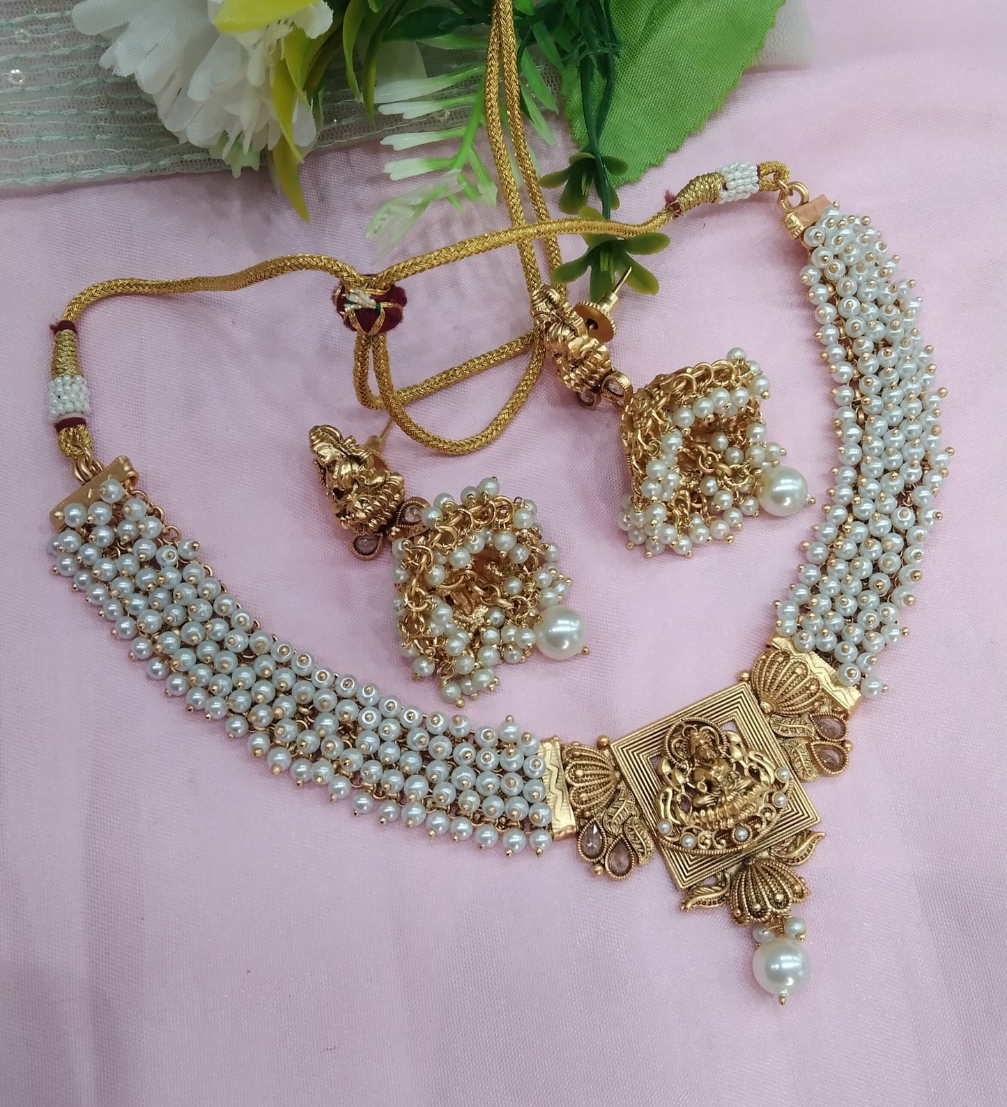 White Gold Polki Necklace Indian Temple Jewellery Hanita Set