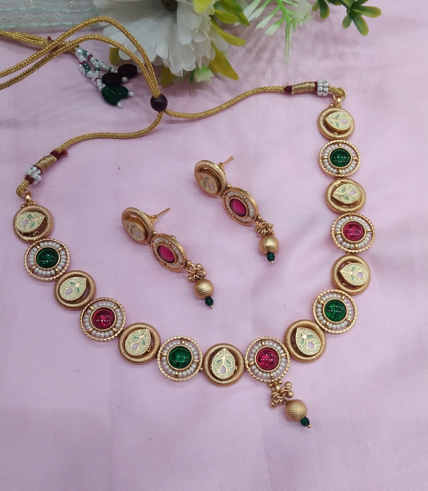 Ruby Green Gold Polki Necklace Indian Jewellery Hanita Set