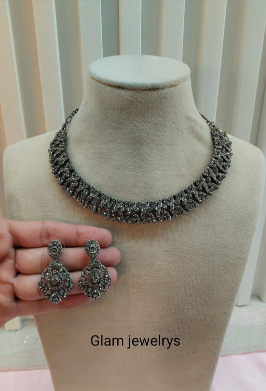 Grey Black Necklace Set Indian Ponting Jewellery