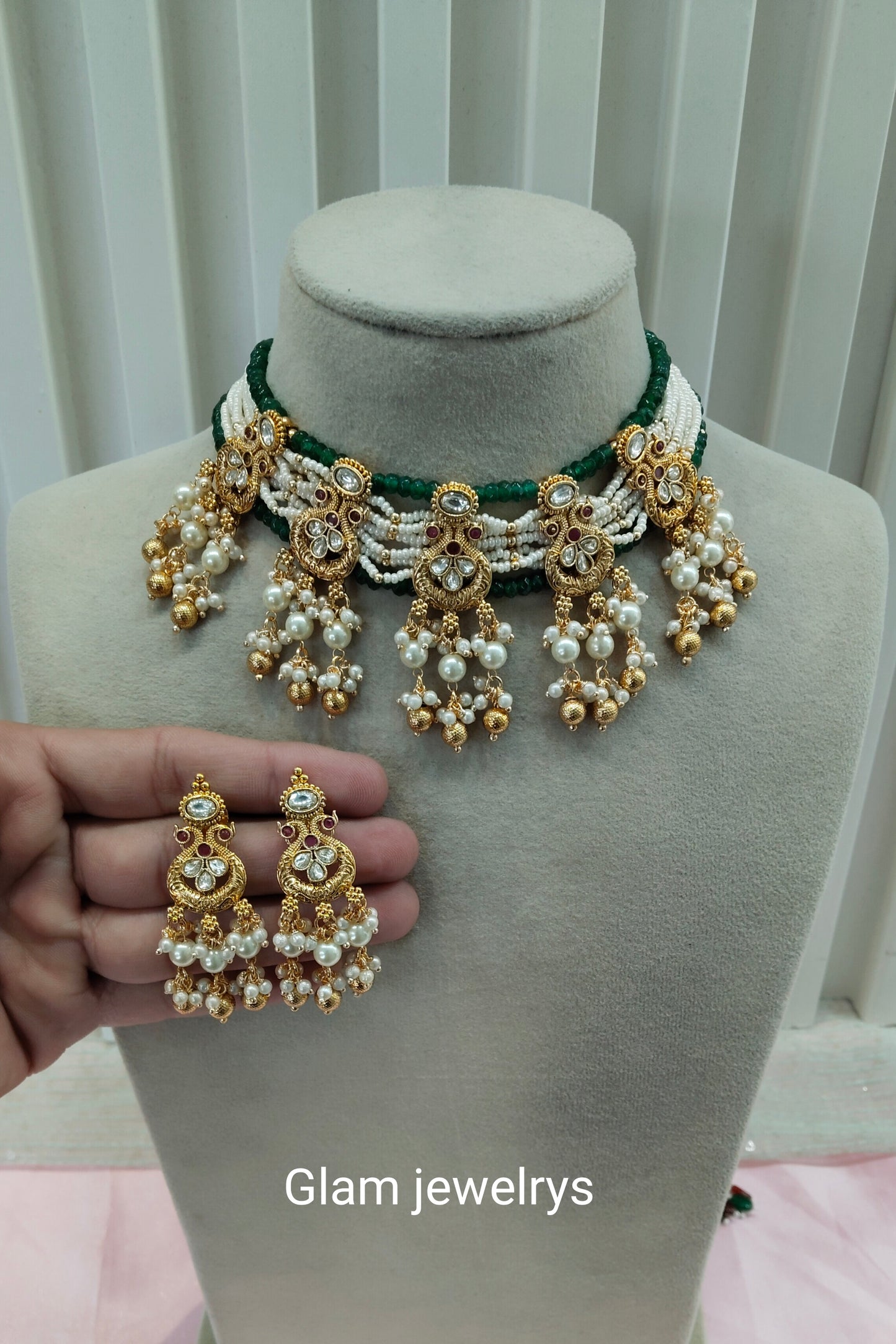 Ruby Sage Green Gold Polki Kundan Choker Necklace Indian Jewellery Jennet Set