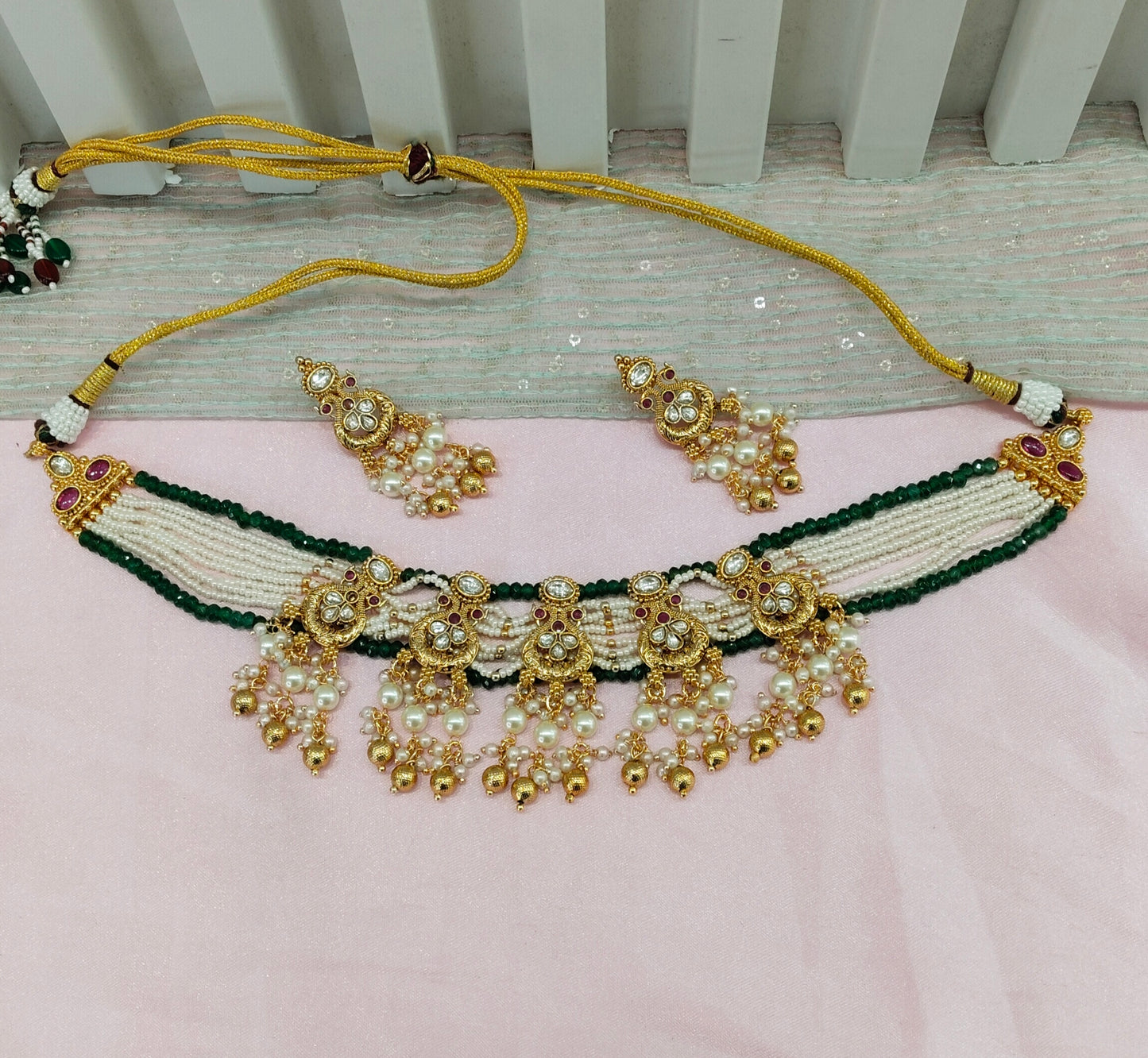 Ruby Sage Green Gold Polki Kundan Choker Necklace Indian Jewellery Jennet Set