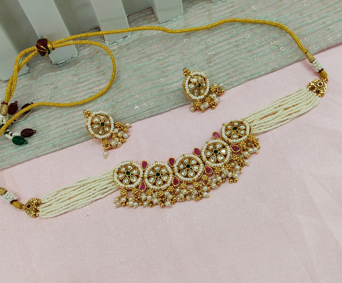Ruby Green Gold Polki Kundan Choker Necklace Indian Jewellery Jennet Set