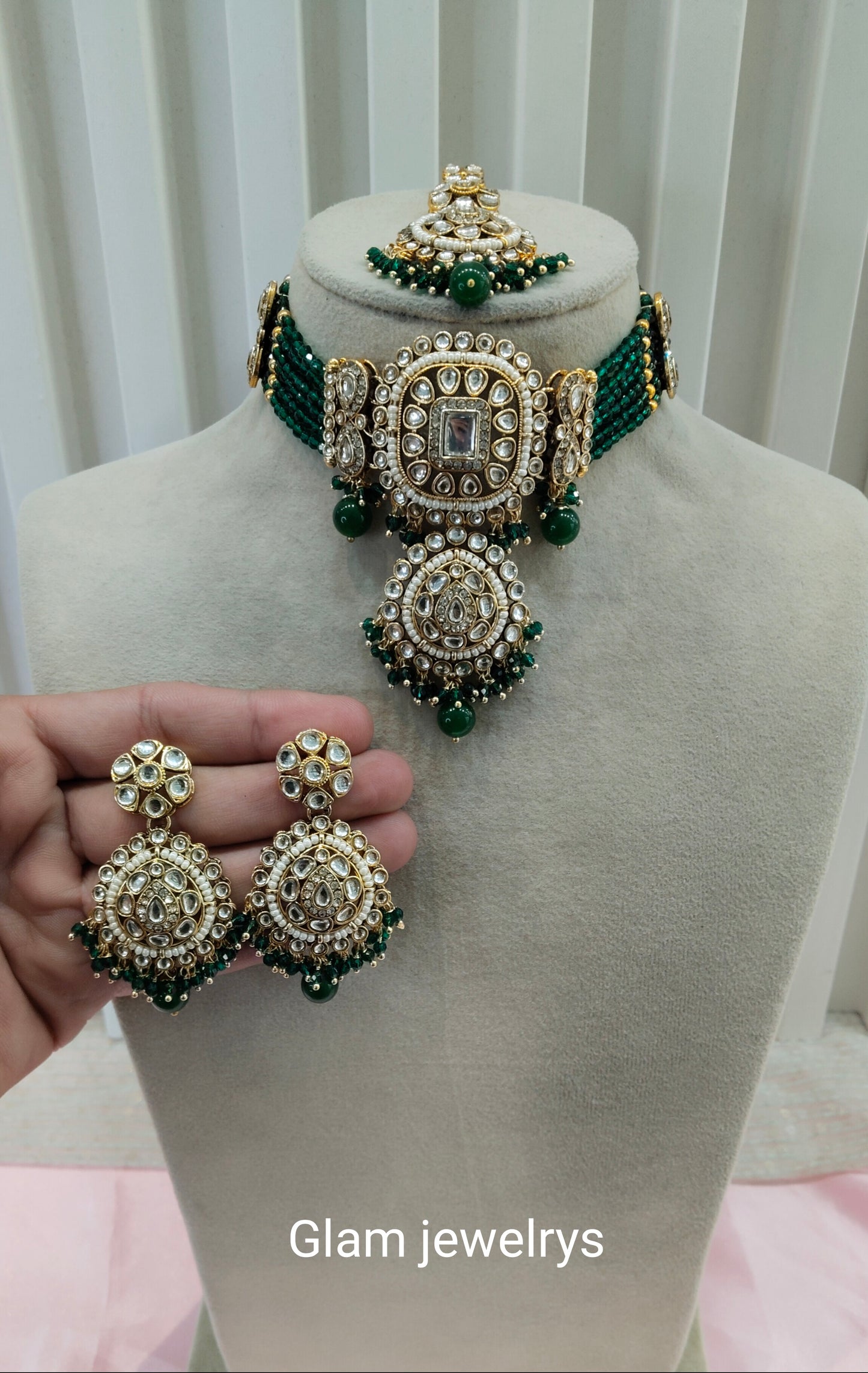 Green Indian Jewellery Kundan choker Lavani Set