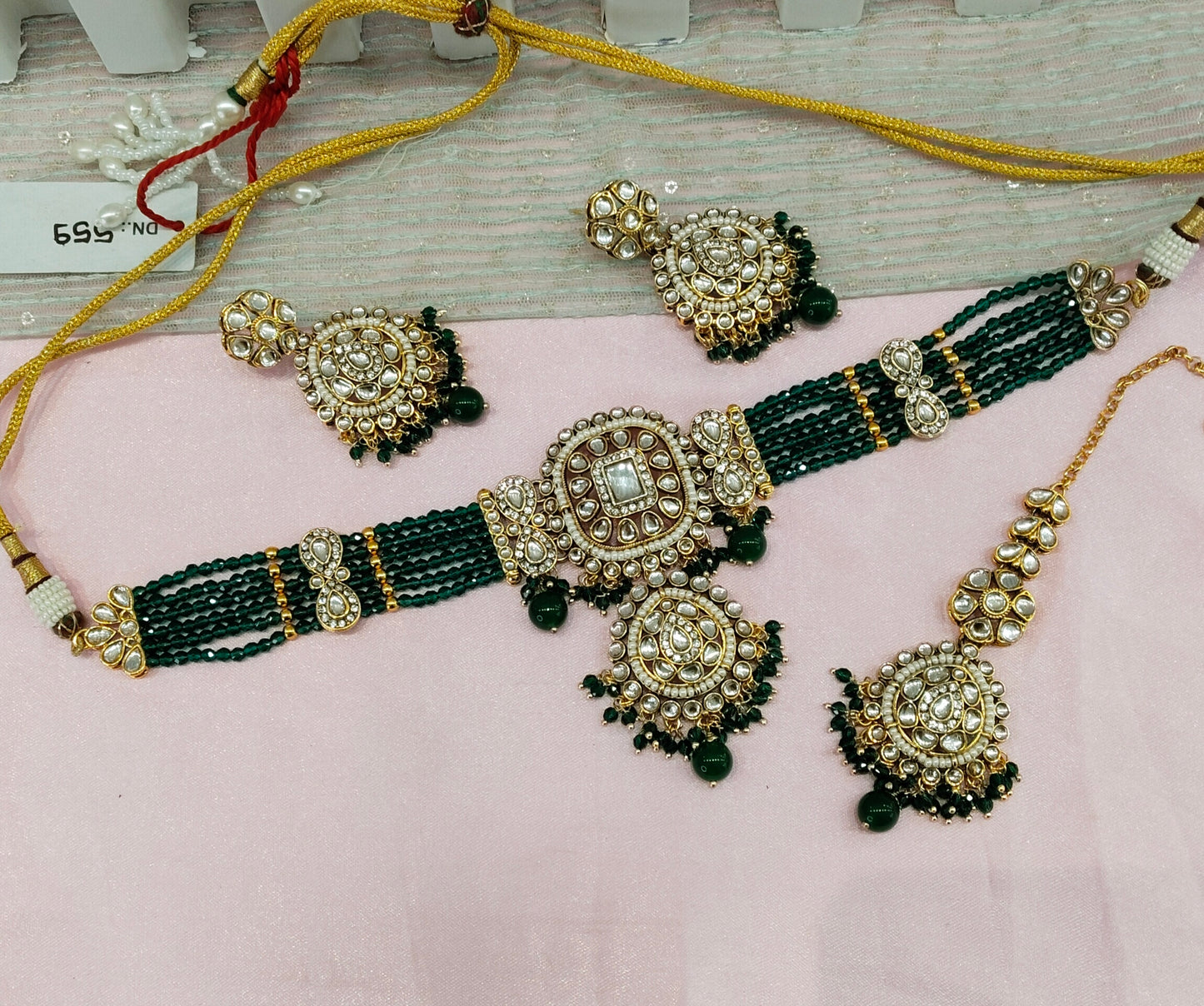 Green Indian Jewellery Kundan choker Lavani Set