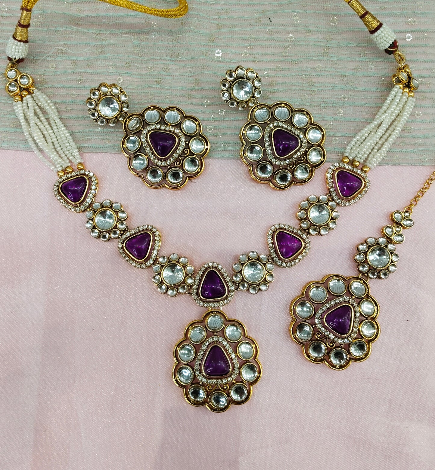 Purple Gold Kundan Necklace Indian Jewellery Kajal Set