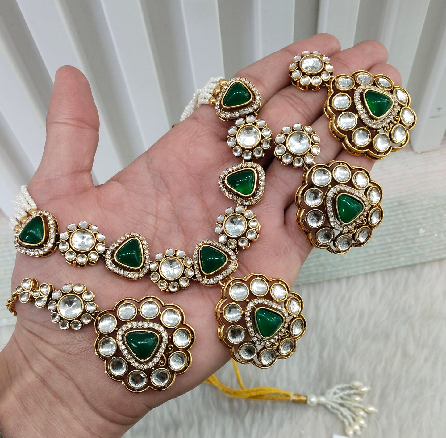 Opaque Green Gold Kundan Necklace Indian Jewellery Kajal Set