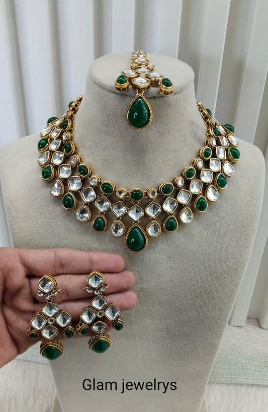 Green Gold Kundan Necklace Indian Jewellery Raveena Set
