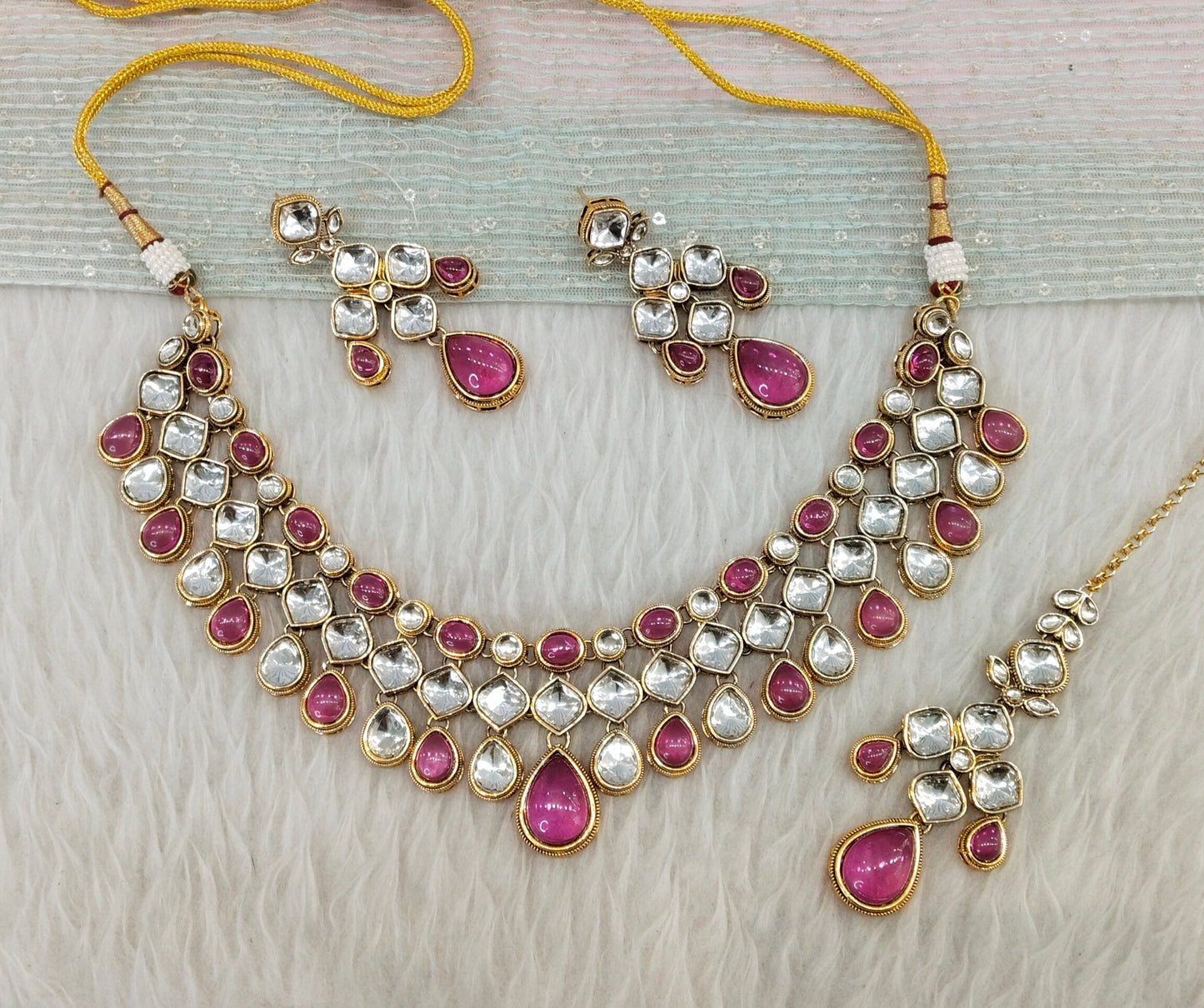 Rani Pink Gold Kundan Necklace Indian Jewellery Raveena Set