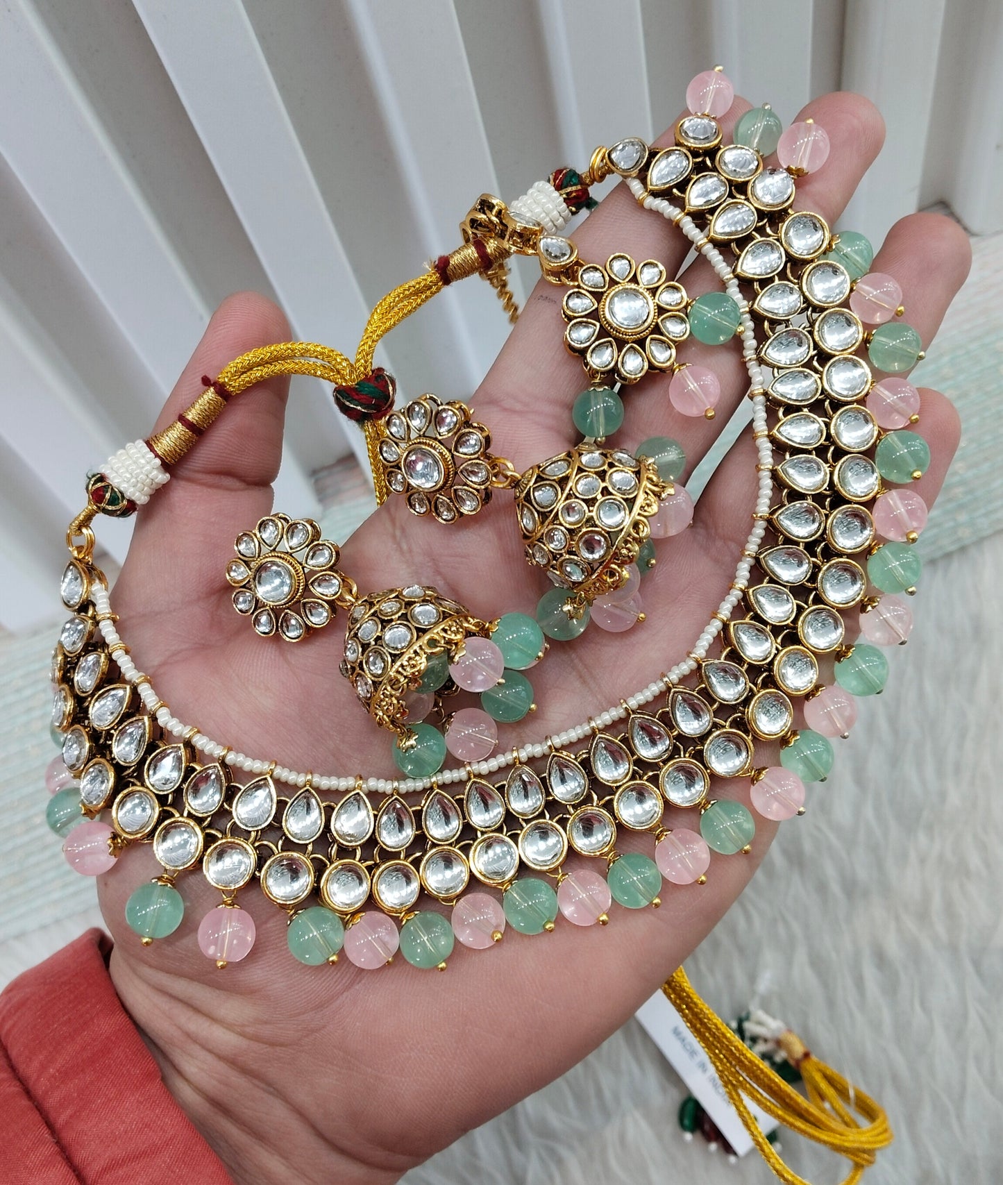 Mint Pink Gold Kundan Necklace Indian Jewellery Roshan Set