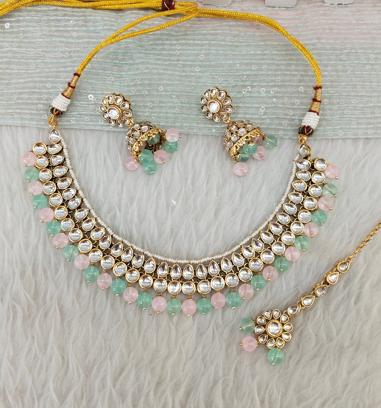 Mint Pink Gold Kundan Necklace Indian Jewellery Roshan Set