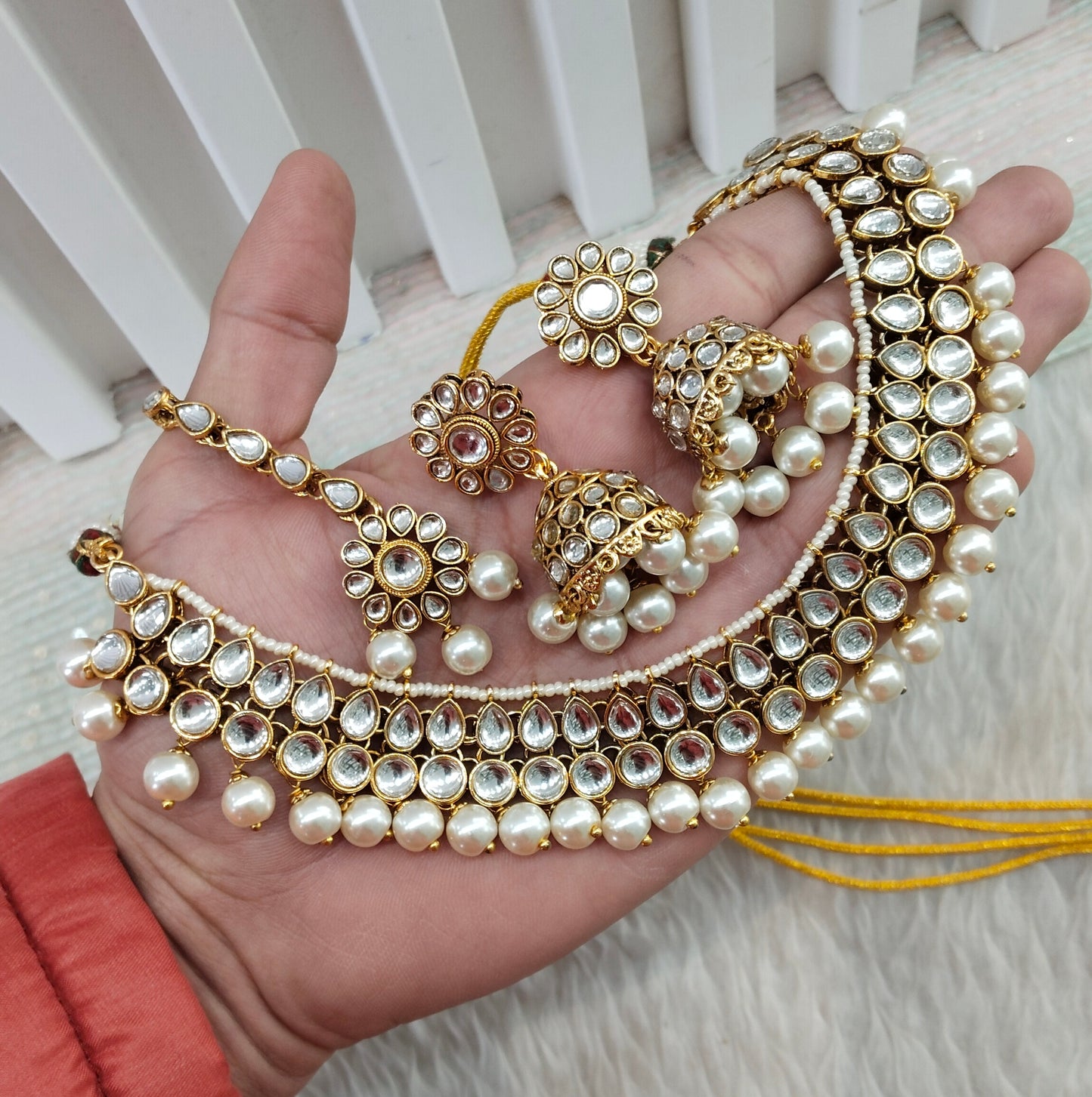 White Gold Kundan Necklace Indian Jewellery Roshan Set