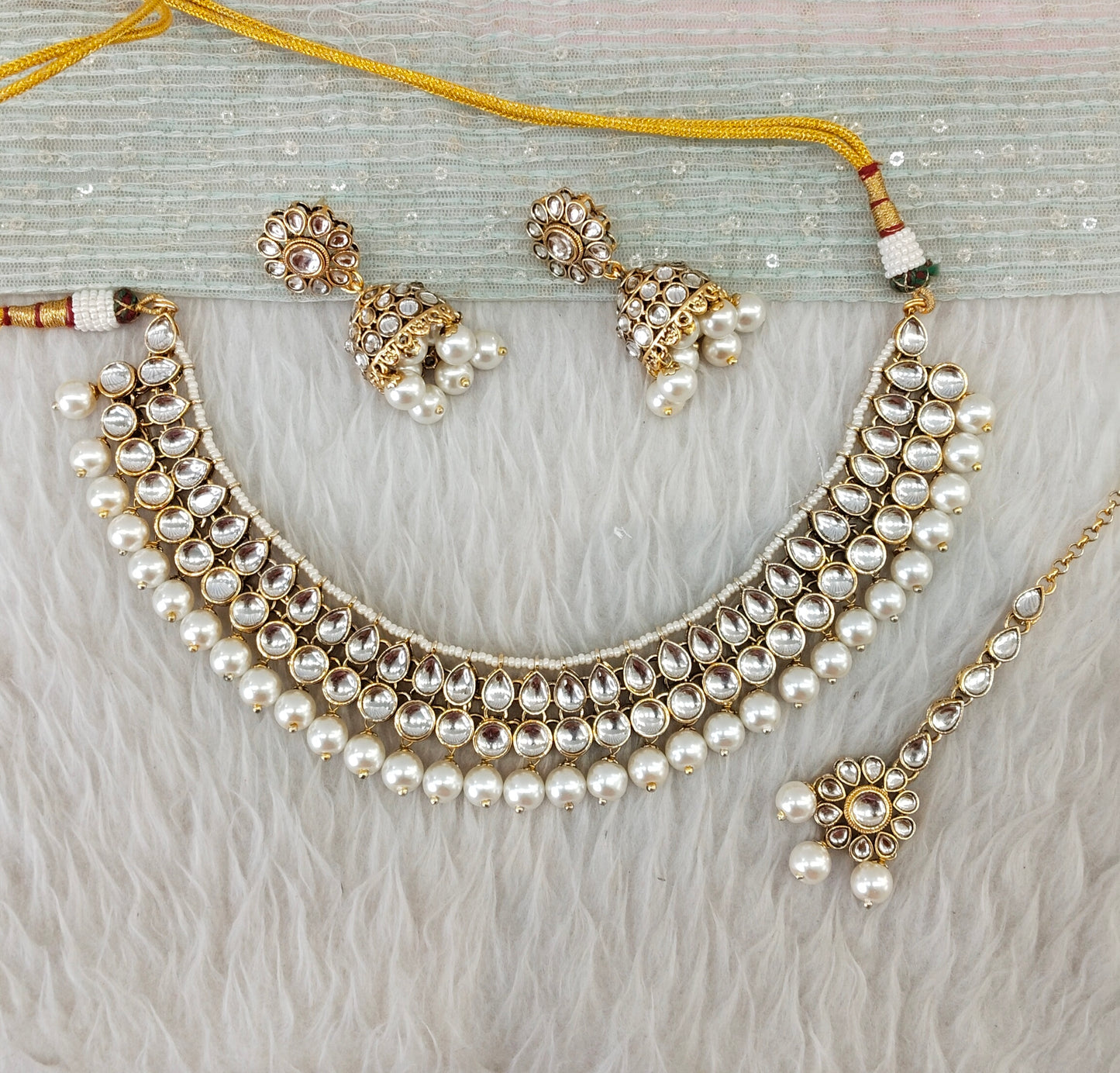 White Gold Kundan Necklace Indian Jewellery Roshan Set
