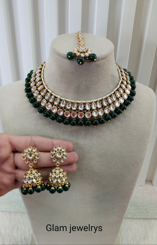Green Gold Kundan Necklace Indian Jewellery Roshan Set