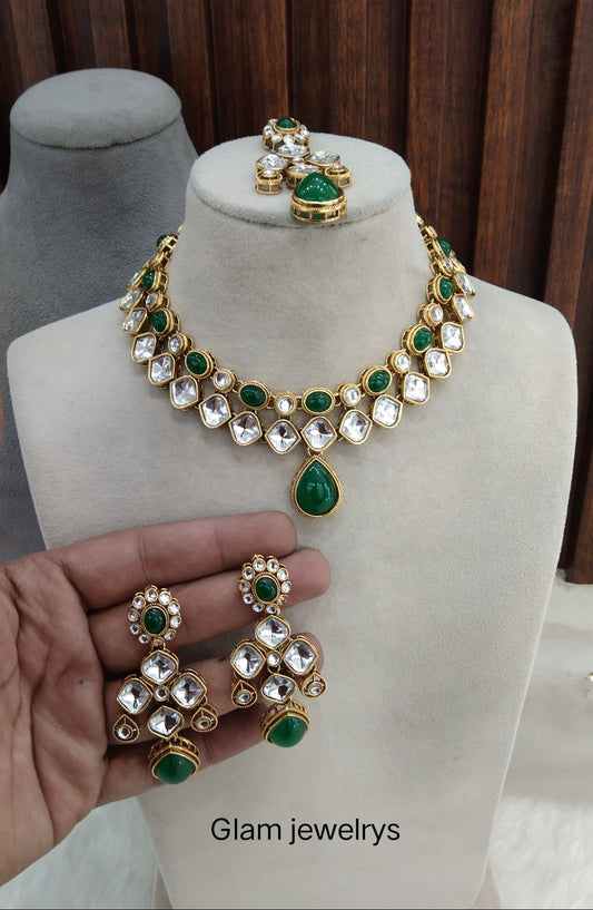 Green Gold Kundan Necklace Indian Jewellery Rupy Set
