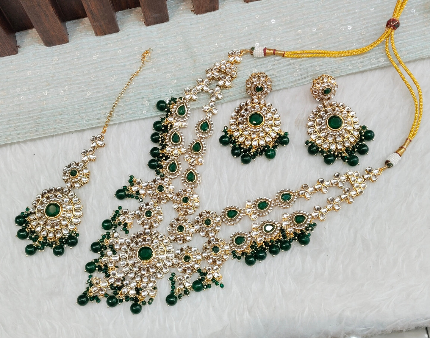 Green Gold Kundan Necklace Indian Jewellery Cello Set