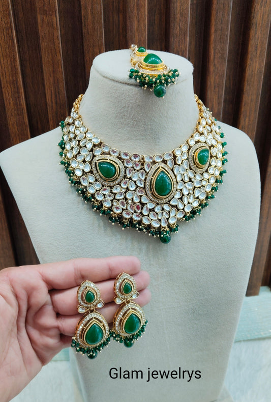 Green Gold Kundan Necklace Indian Jewellery College Set