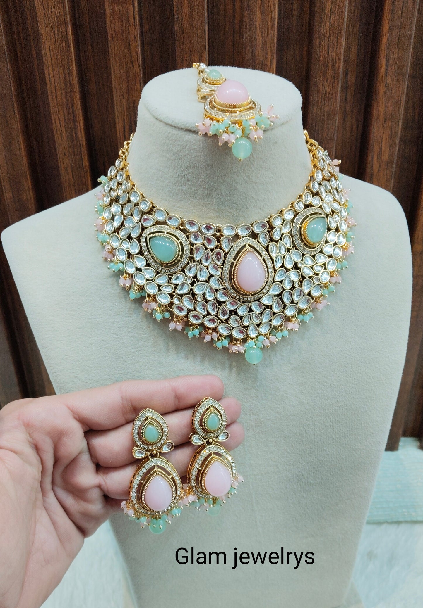 Mint Pink Gold Kundan Necklace Indian Jewellery College Set