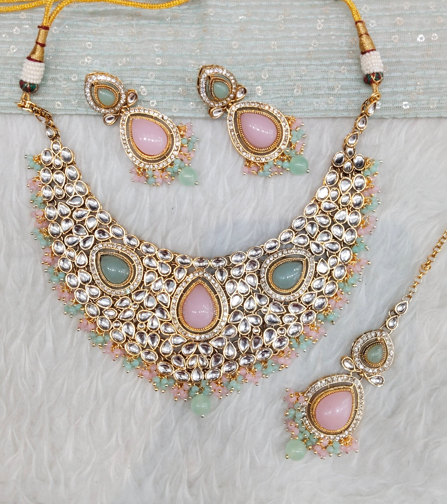 Mint Pink Gold Kundan Necklace Indian Jewellery College Set