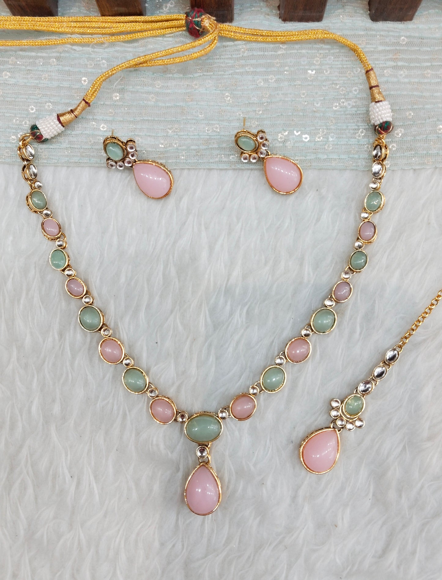 Mint Pink Gold Kundan Necklace Indian Jewellery Mahi Set